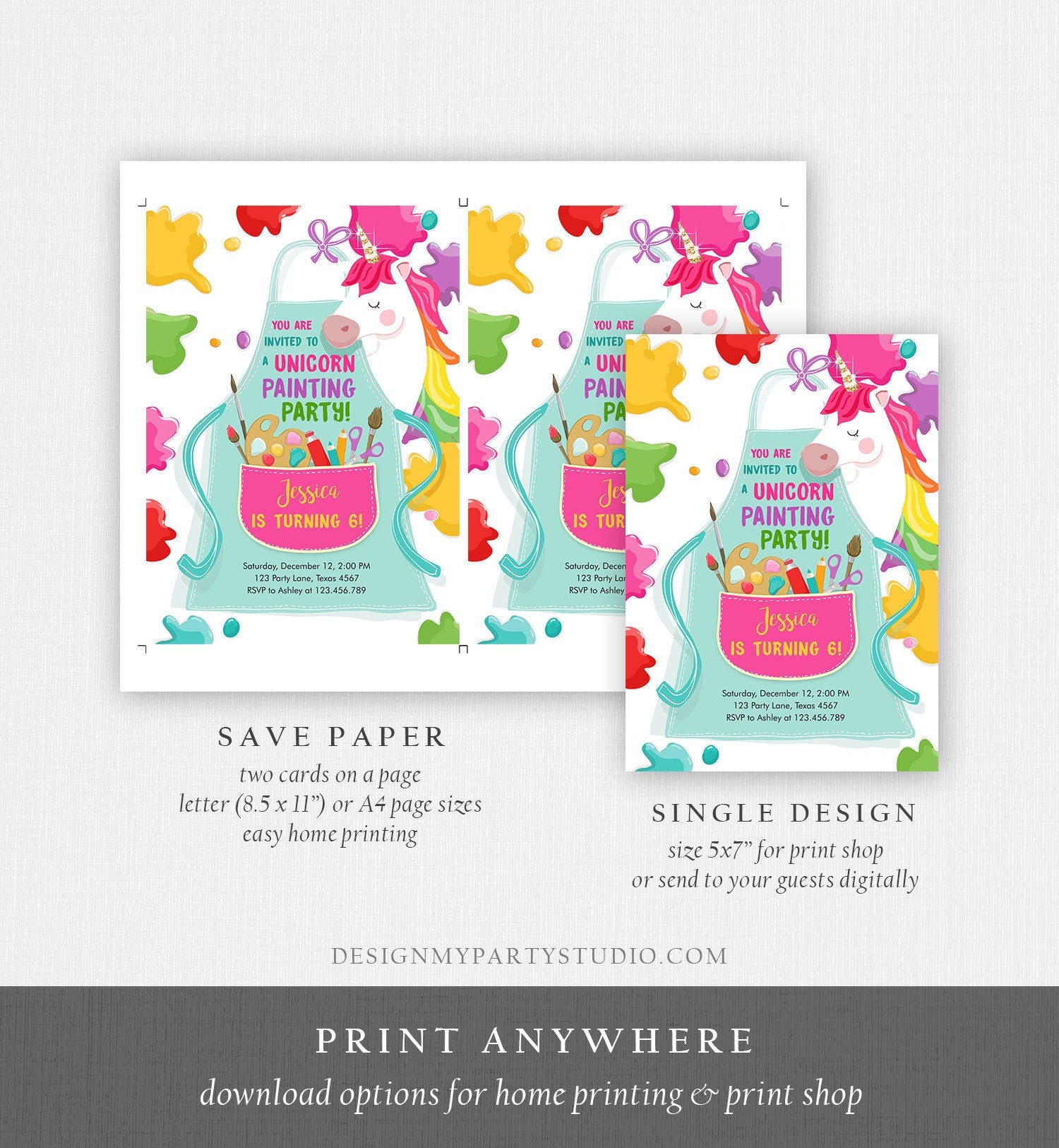 Editable Unicorn Painting Party Invitation Art Party Birthday Invite Girl Paint Craft Party Download Printable Template Digital Corjl 0319