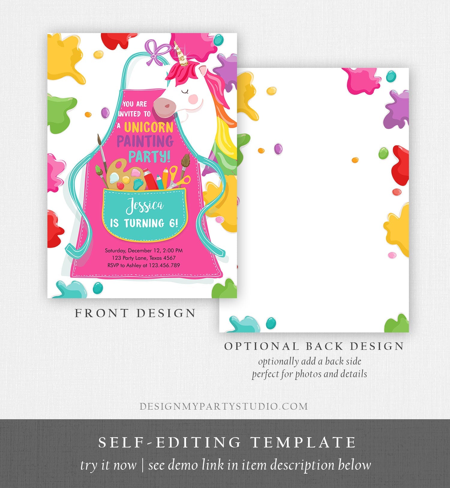 Editable Unicorn Painting Party Invitation Art Party Birthday Invite Girl Paint Craft Party Download Printable Template Digital Corjl 0319