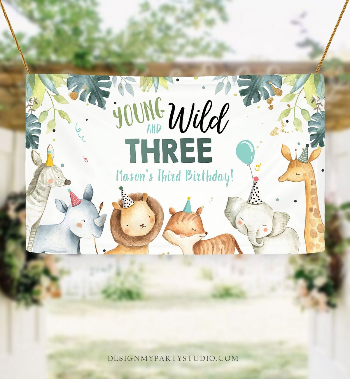 Editable Young Wild and Three Safari Animals Birthday Backdrop Banner Party Animals Boy Third 3rd Welcome Sign Corjl Template Printable 0163