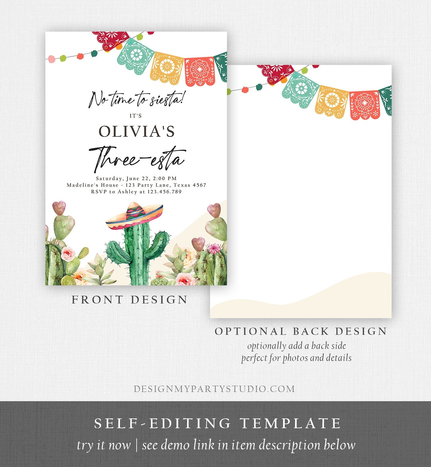 Editable Fiesta Invitation Three-esta Birthday Mexican Cactus Succulent Desert Floral Girl Kids 3rd Printable Invitation Template Corjl 0404