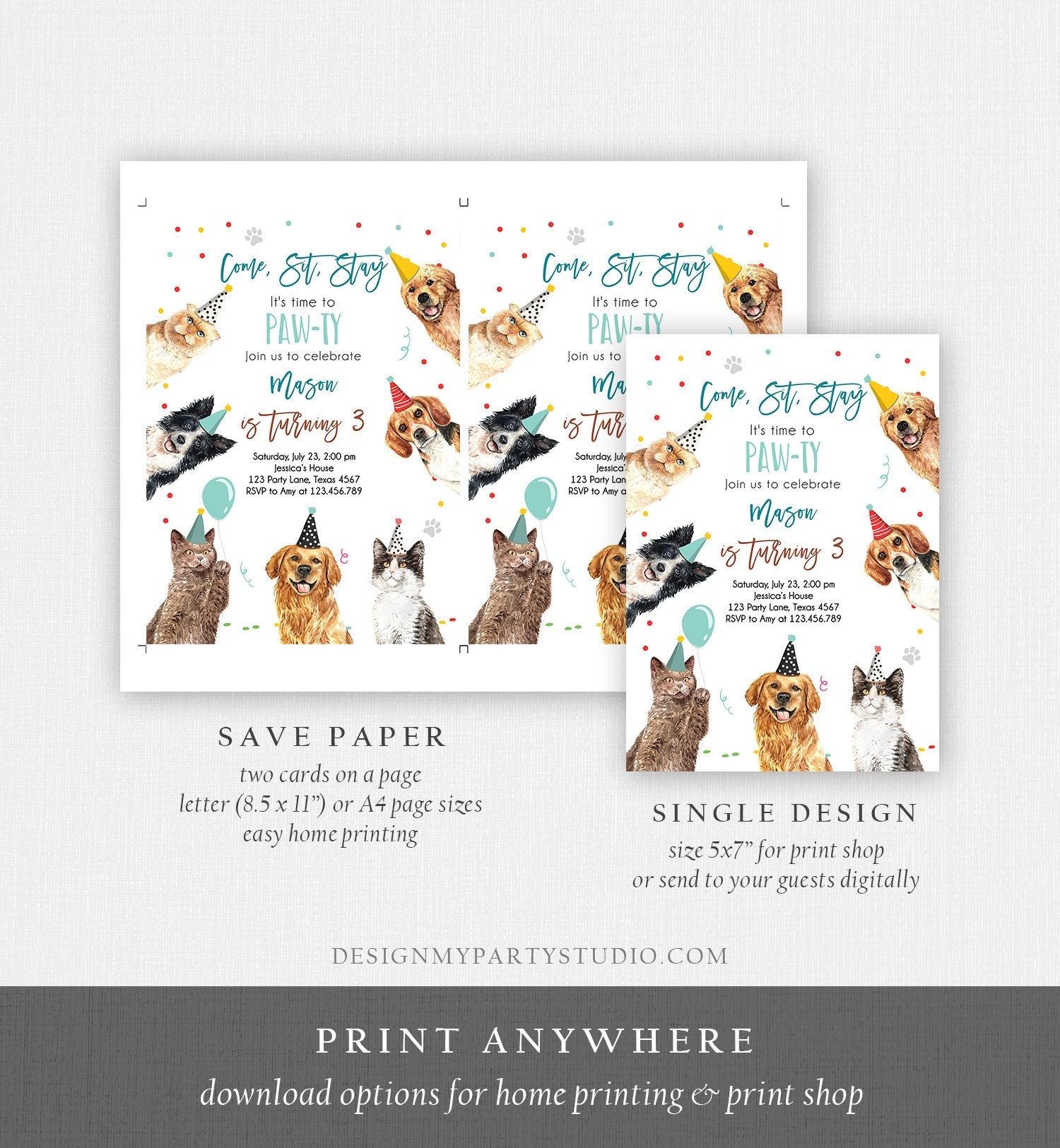 Editable Cats and Dogs Birthday Invitation Cat Dog Birthday Party Invite Boy Kitten Puppy Pawty Download Printable Template Corjl 0384