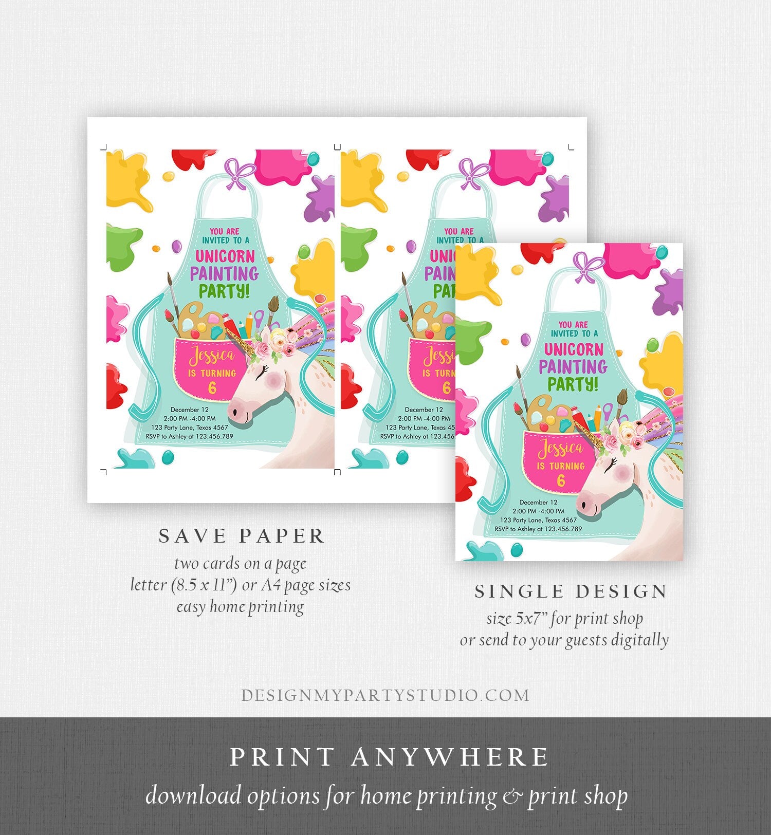 Editable Unicorn Painting Party Invitation Art Party Birthday Invite Girl Paint Craft Party Download Printable Template Digital Evite 0319