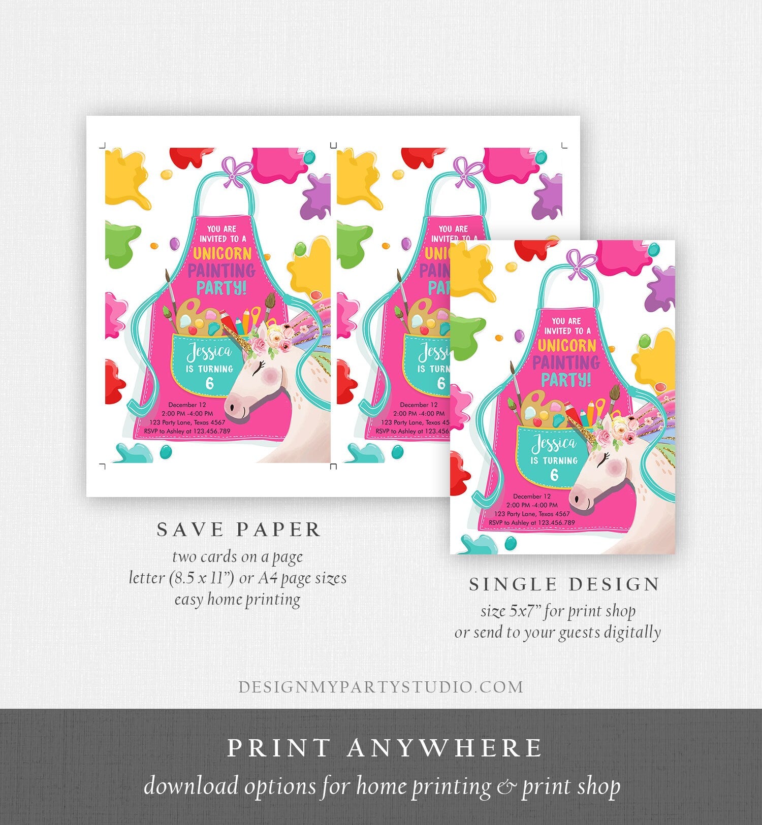 Editable Unicorn Painting Party Invitation Art Party Birthday Invite Girl Paint Craft Party Download Printable Template Digital Corjl 0319