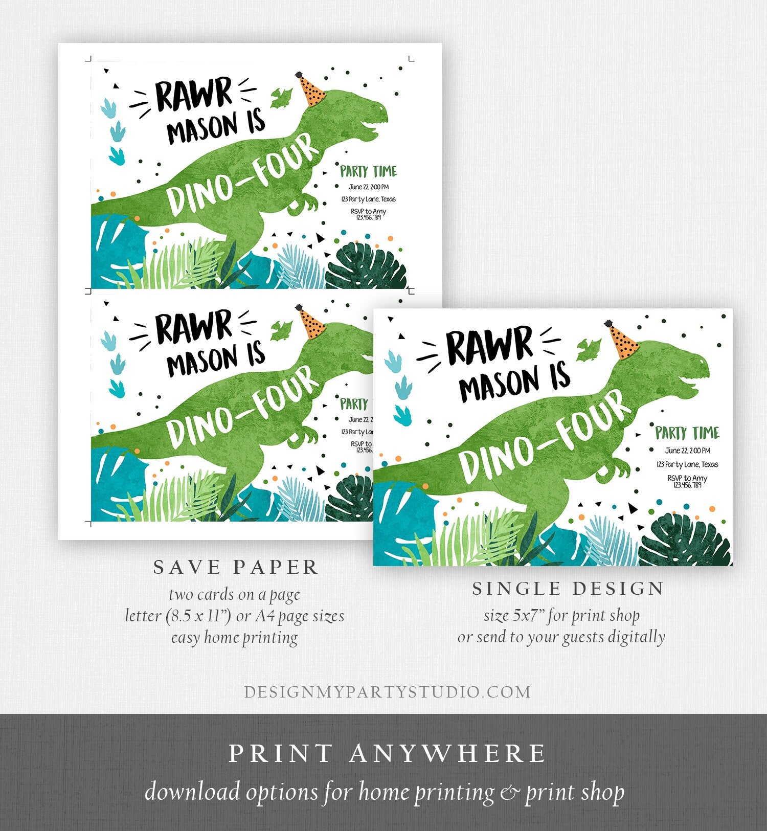 Editable Dino-Four Dinosaur Birthday Invitation Dino T-Rex 4th Birthday Fourth Rawr Boy Green Blue Prehistoric Printable Corjl Template 0389