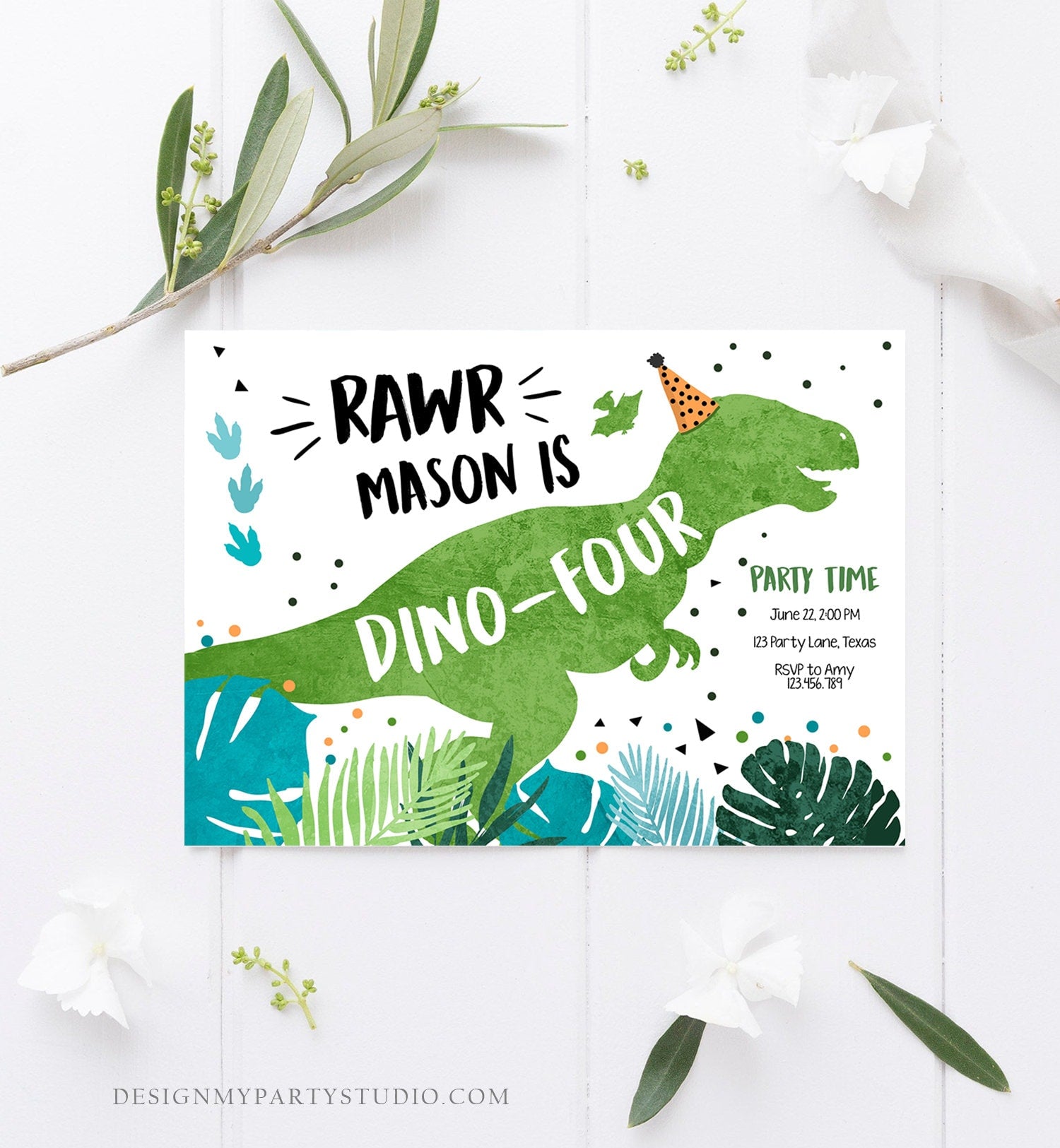 Editable Dino-Four Dinosaur Birthday Invitation Dino T-Rex 4th Birthday Fourth Rawr Boy Green Blue Prehistoric Printable Corjl Template 0389