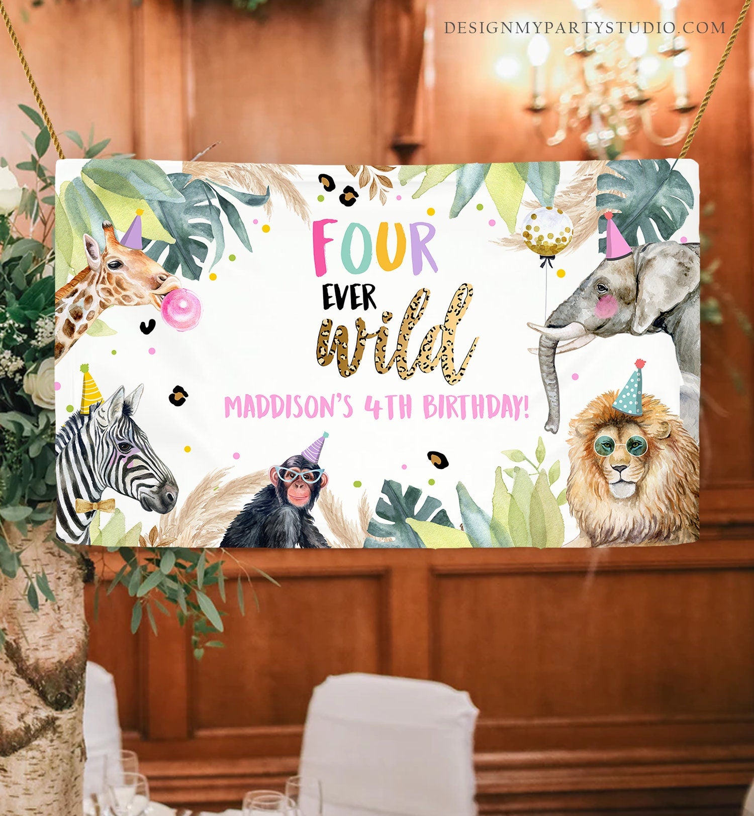 Editable Party Animals Four Ever Wild Backdrop Banner Safari Animals Girl Pink Fourth Birthday Welcome Corjl Template Printable 0417