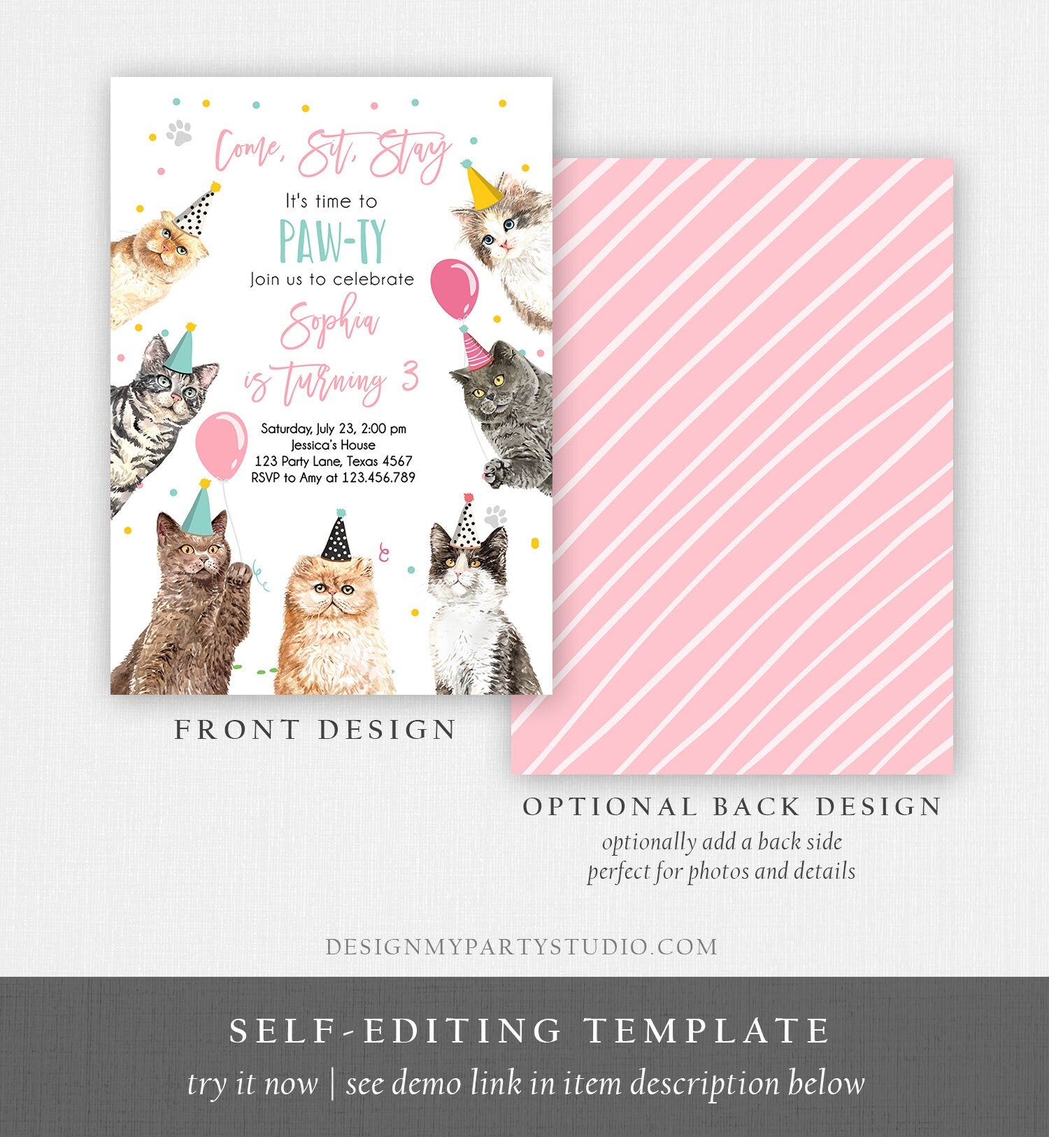 Editable Cat Birthday Party Invitation Kitten Birthday Invite Pink Girl Kitty Cat Invitation Pet Cute Download Printable Template Corjl 0384