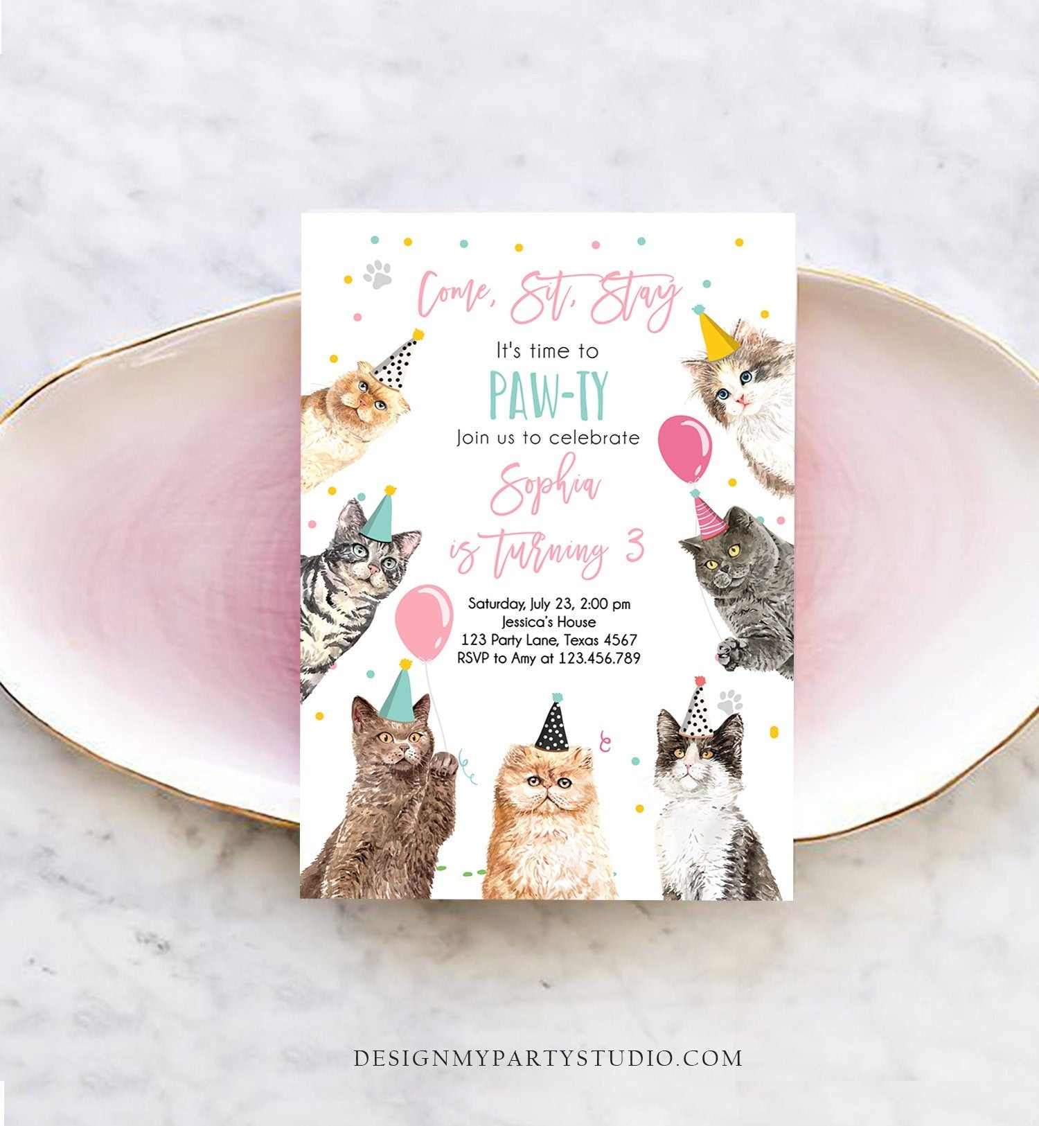 Editable Cat Birthday Party Invitation Kitten Birthday Invite Pink Girl Kitty Cat Invitation Pet Cute Download Printable Template Corjl 0384