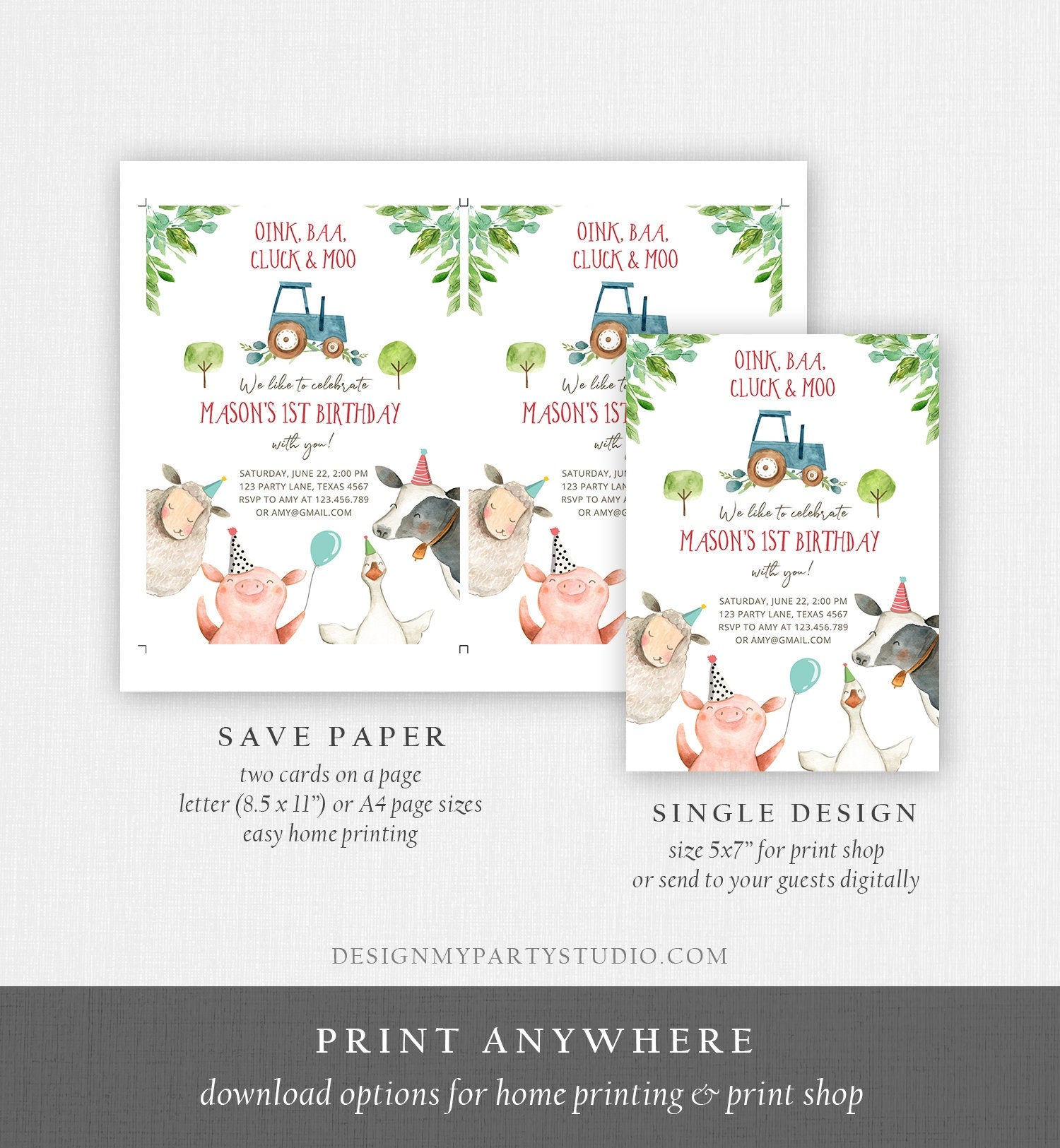 Editable Farm Birthday Invitation Boy Farm Animals Blue Tractor Barnyard Barn Birthday Party Animals Digital Corjl Template Printable 0155