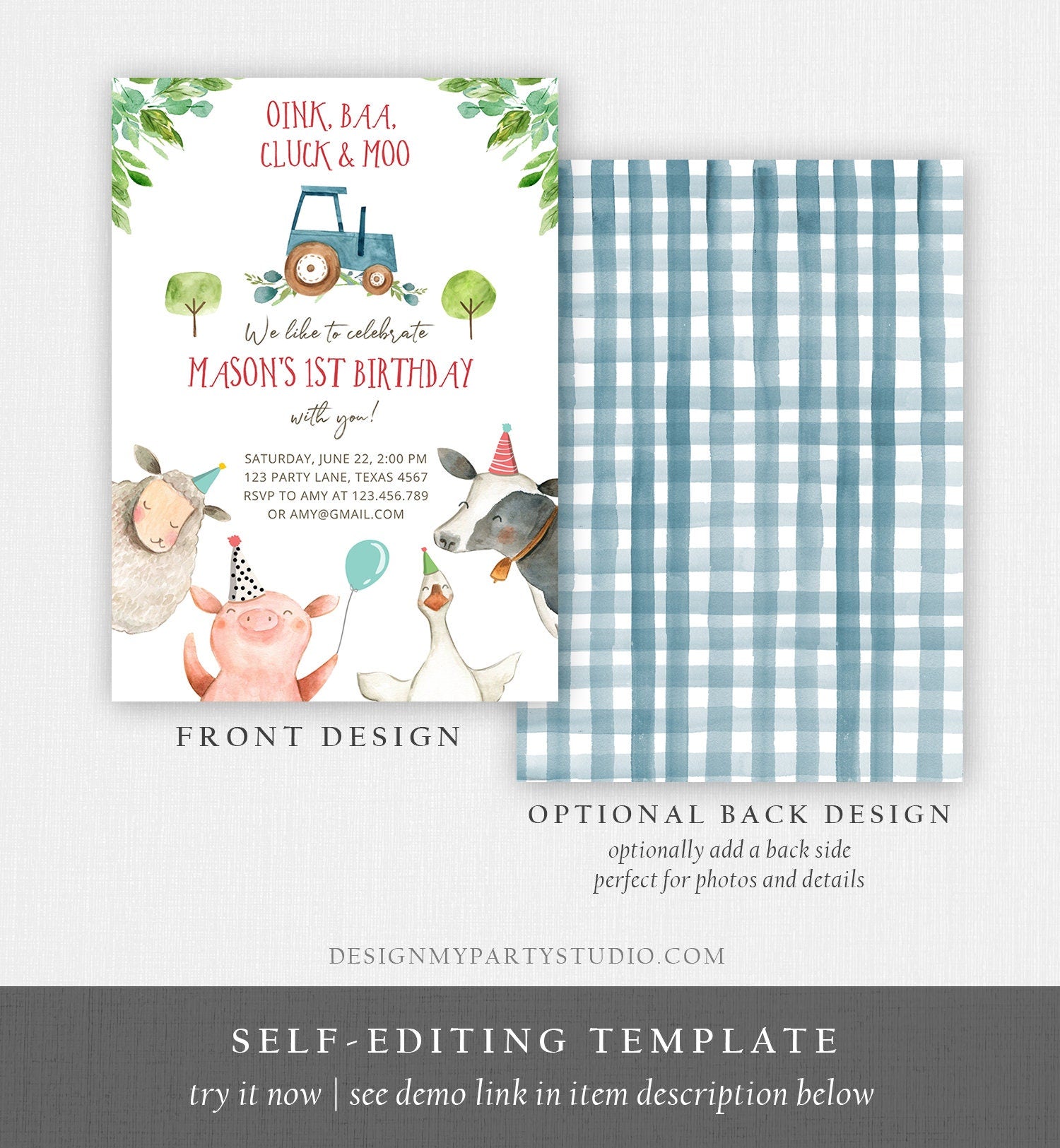 Editable Farm Birthday Invitation Boy Farm Animals Blue Tractor Barnyard Barn Birthday Party Animals Digital Corjl Template Printable 0155