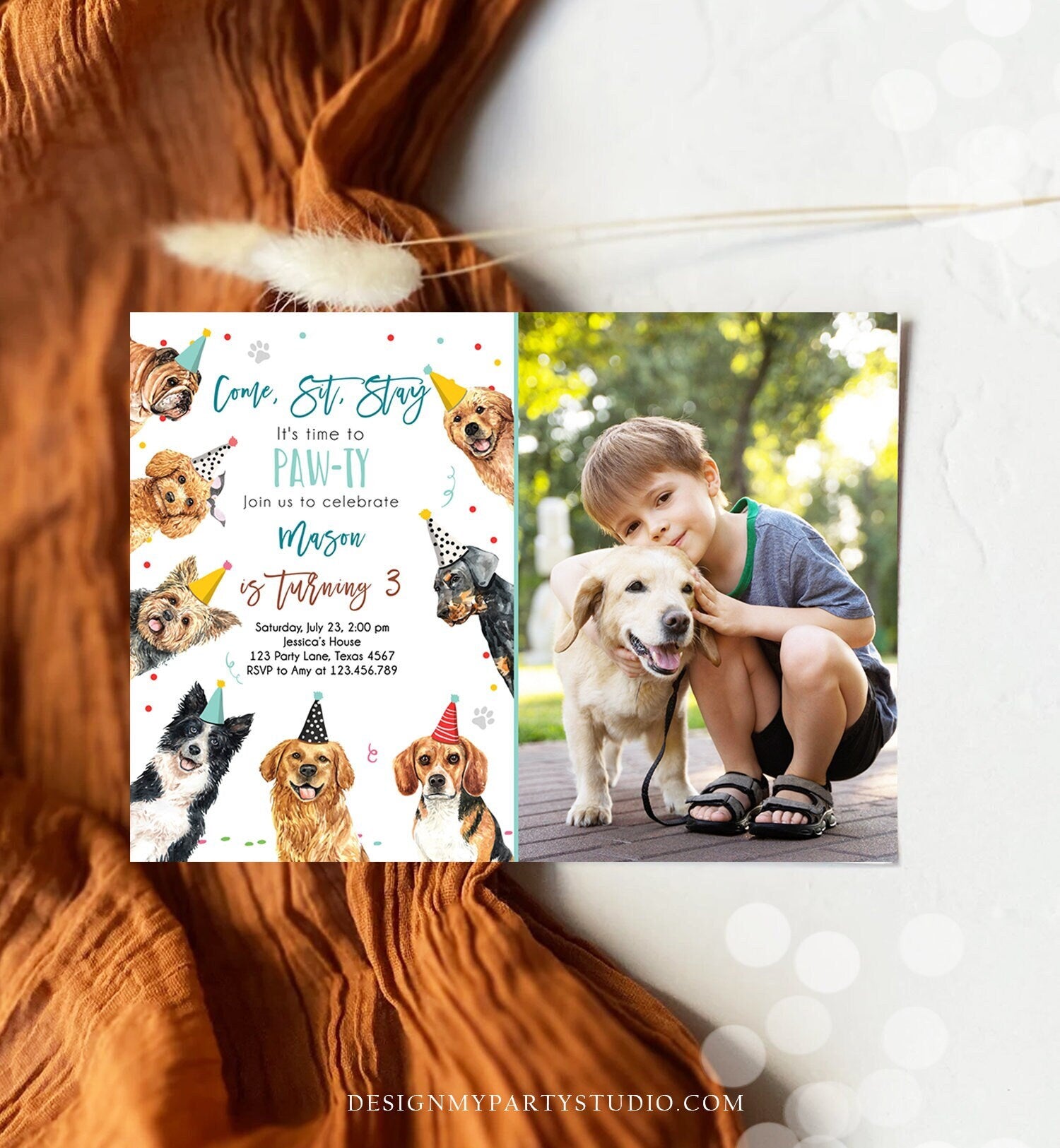 Editable Dog Birthday Party Invitation Puppy Birthday Invite Boys Blue Doggy Shelter Animal Pet Vet Download Printable Template Corjl 0384