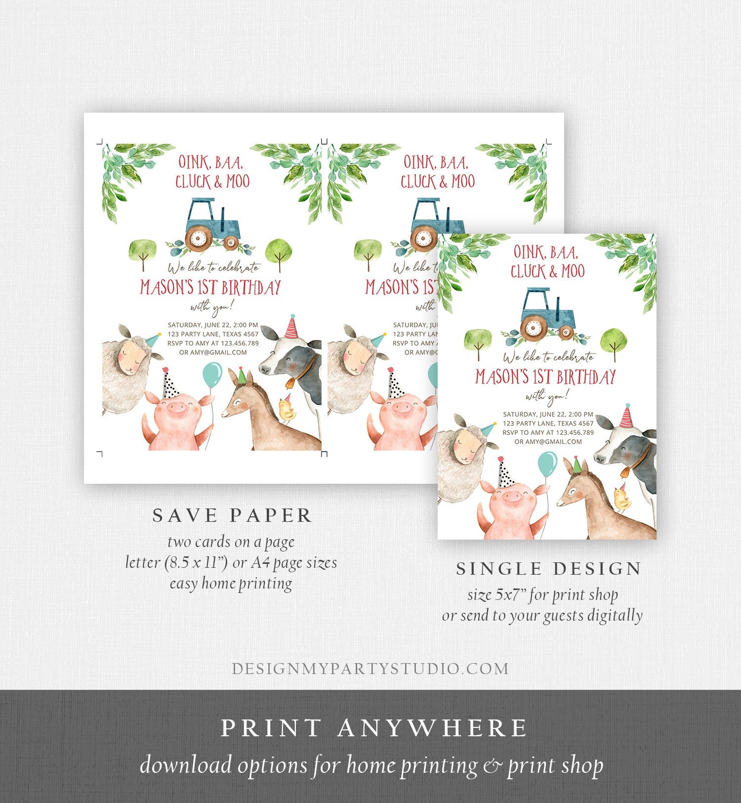 Editable Farm Birthday Invitation Boy Farm Animals Blue Tractor Barnyard Barn Birthday Party Animals Digital Corjl Template Printable 0155