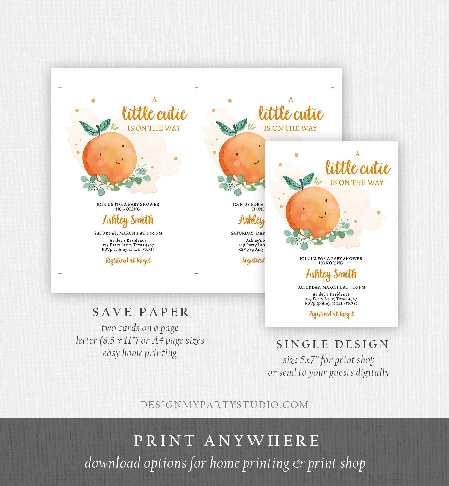 Editable Little Cutie Baby Shower Invitation Little Cutie On The Way Gender Neutral Clementine Orange Download Printable Corjl Template 0430