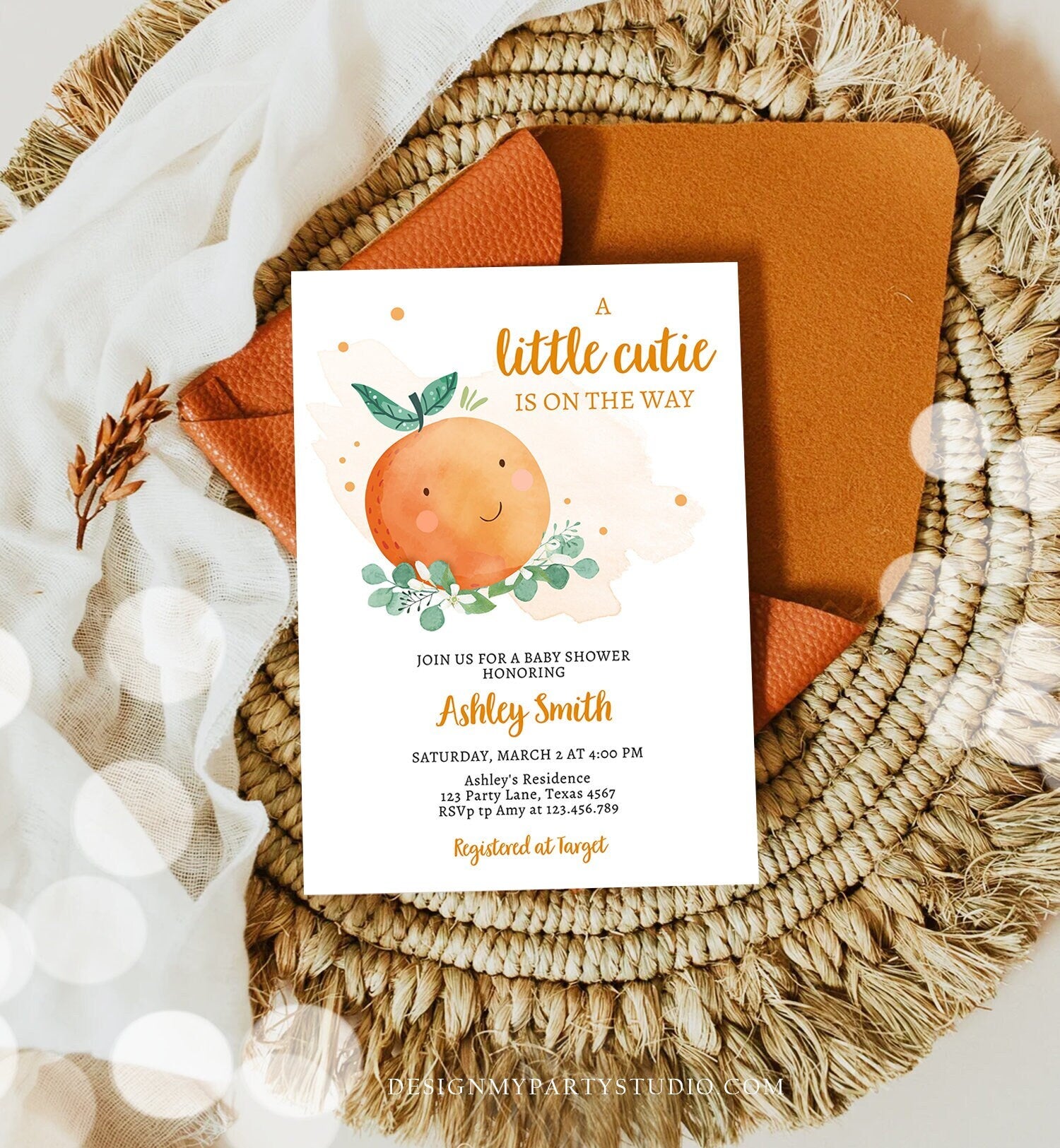 Editable Little Cutie Baby Shower Invitation Little Cutie On The Way Gender Neutral Clementine Orange Download Printable Corjl Template 0430