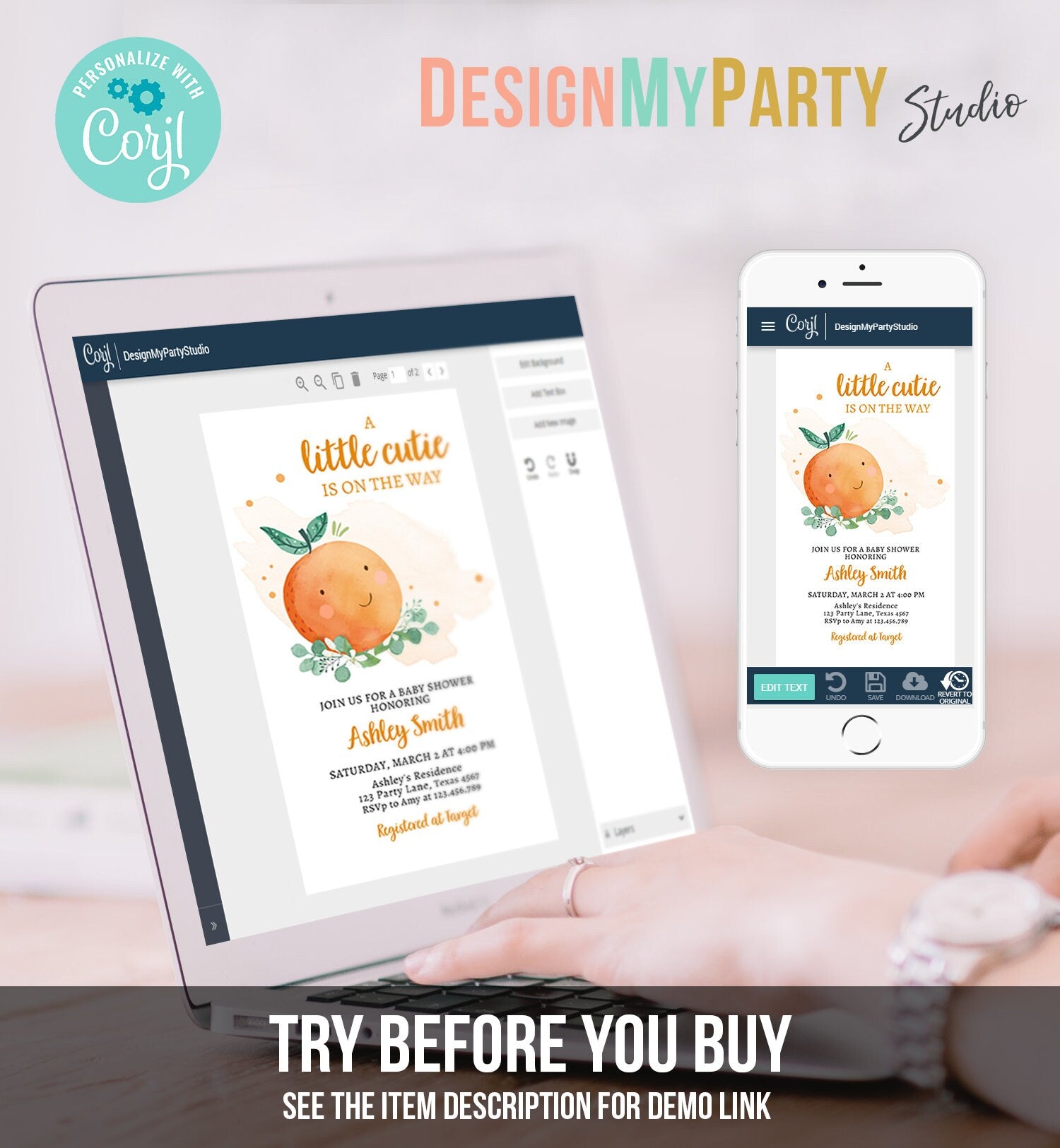 Editable Little Cutie Baby Shower Evite Little Cutie On The Way Clementine Orange Unisex Digital Download Electronic Corjl Template 0430