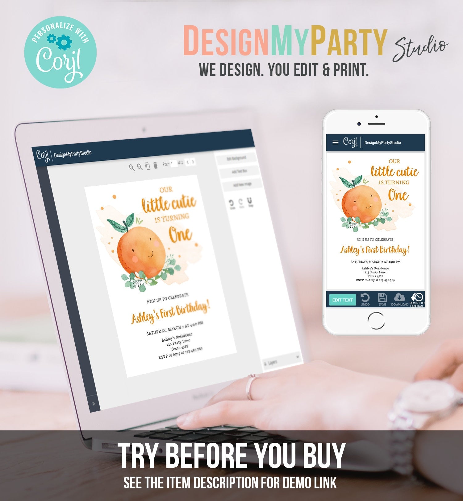 Editable Little Cutie Birthday Invitation Clementine Oranges Party Citrus Gender Neutral Download Printable Digital Evite Template 0430