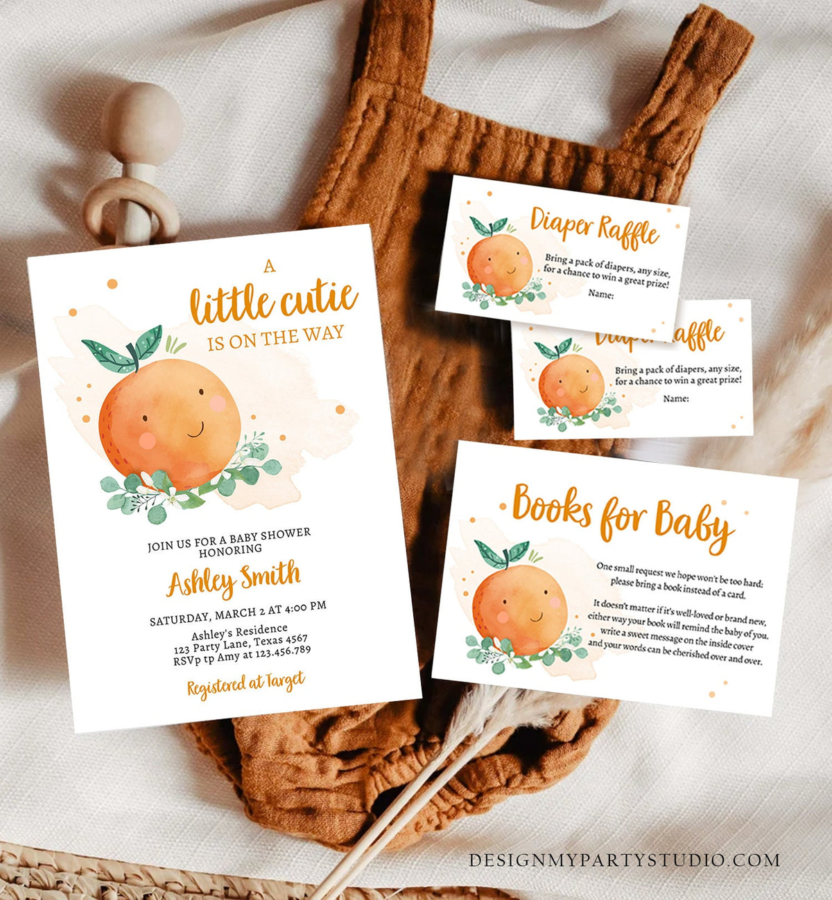 Editable Little Cutie Is On The Way Baby Shower Invitation Set Bundle Cutie Invitation Suite Orange Digital Download Template Printable 0430