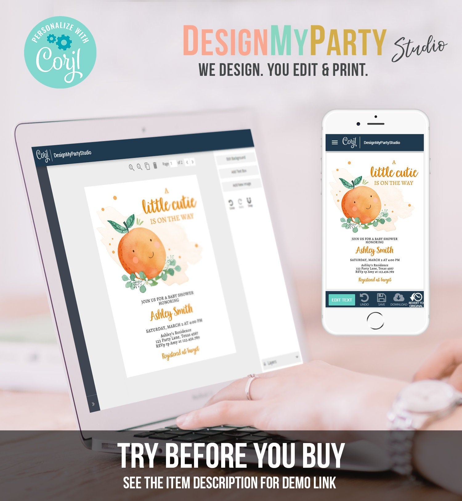 Editable Little Cutie Is On The Way Baby Shower Invitation Set Bundle Cutie Invitation Suite Orange Digital Download Template Printable 0430