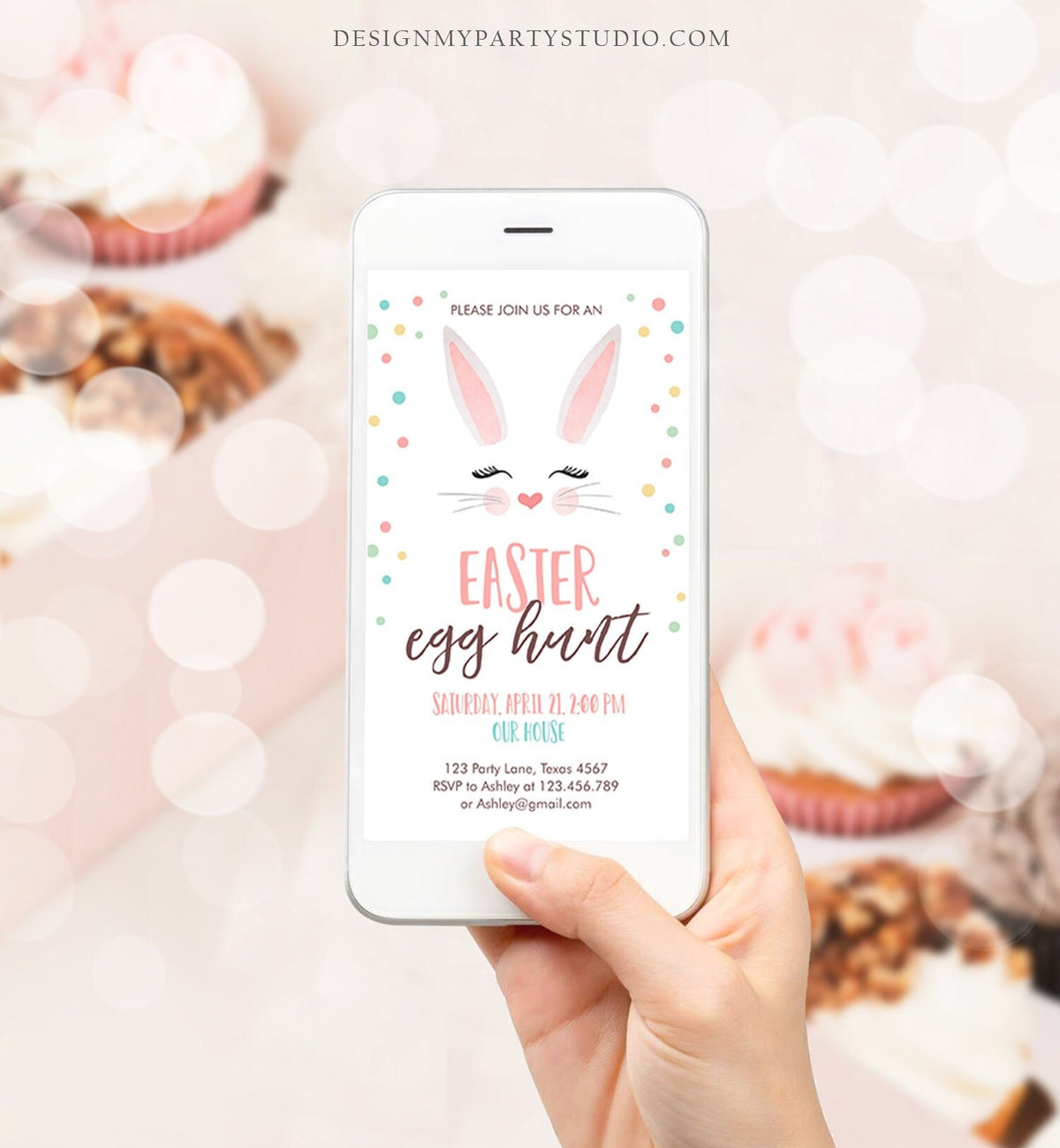 Editable Easter Egg Hunt Evite Easter Bunny Pink Easter Invitation Easter Birthday Spring Text Download Phone Template Corjl Digital 0238