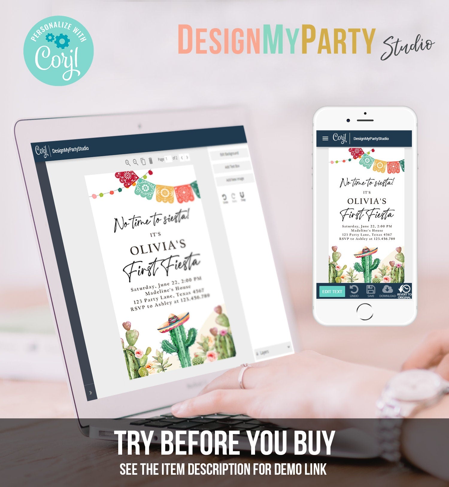 Editable Fiesta Evite First Fiesta Birthday Invitation Phone Mexican Cactus Succulent Desert Floral Digital Invitation Template Corjl 0404