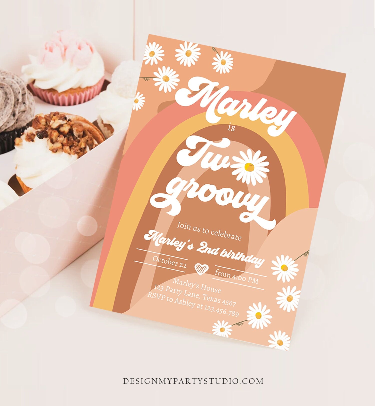 Editable Two Groovy Birthday Party Invitation 2nd Birthday Boho Retro Flower Power 70's Daisy Download Printable Template Corjl Digital 0428