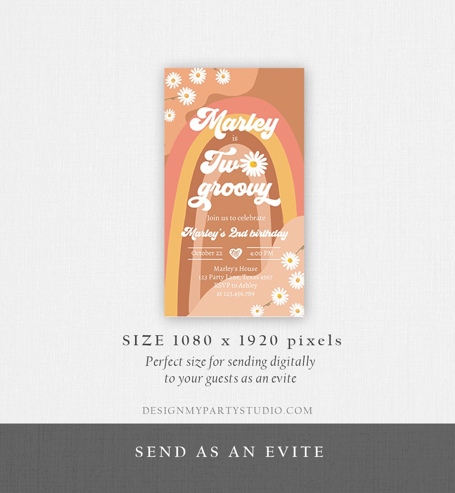 Editable Two Groovy Birthday Party Evite 2nd Birthday Boho Retro Flower Power 70's Daisy Download Electronic Template Corjl Digital 0428