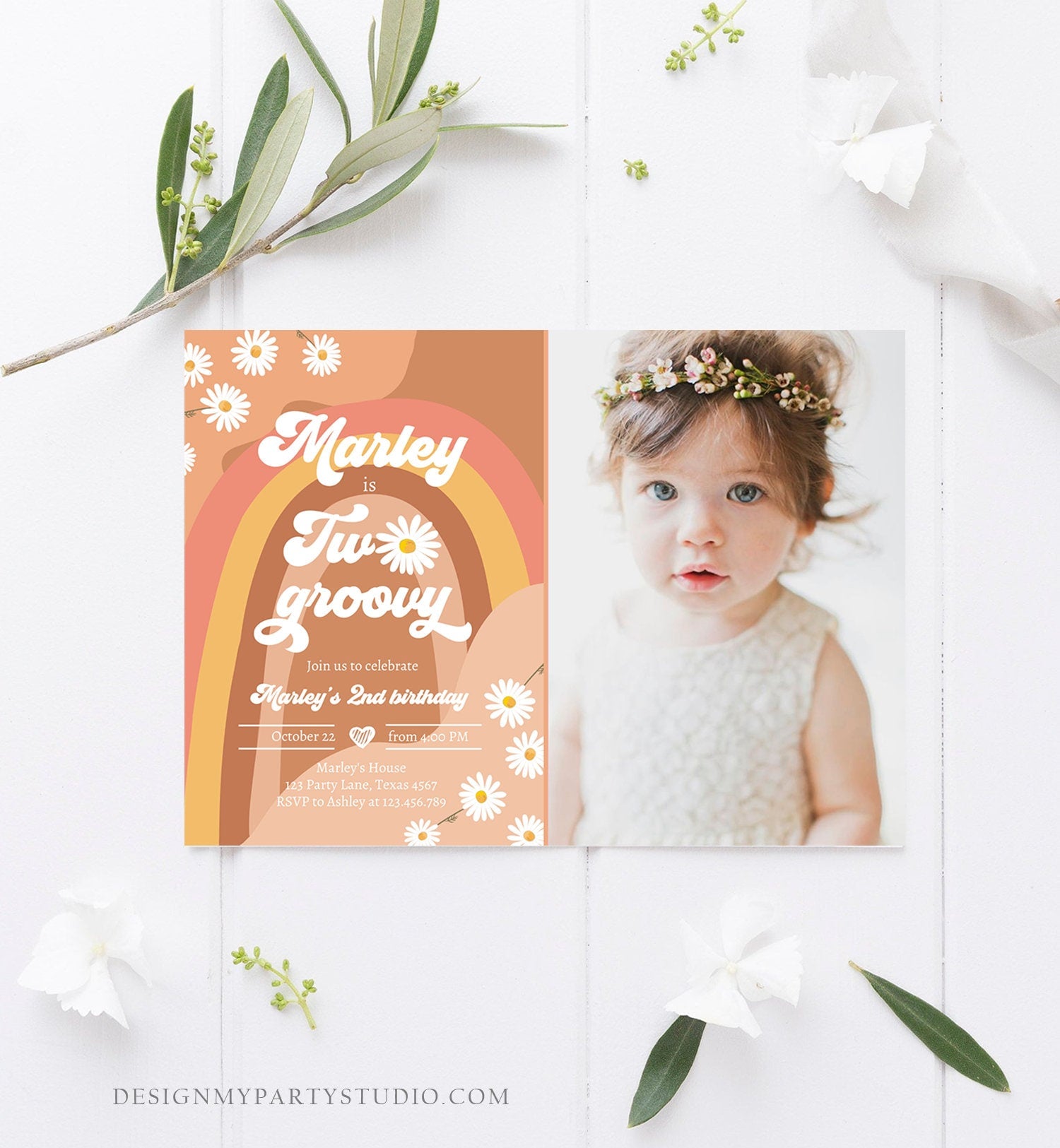 Editable Two Groovy Birthday Party Invitation 2nd Birthday Boho Retro Flower Power 70's Daisy Download Printable Template Corjl Digital 0428