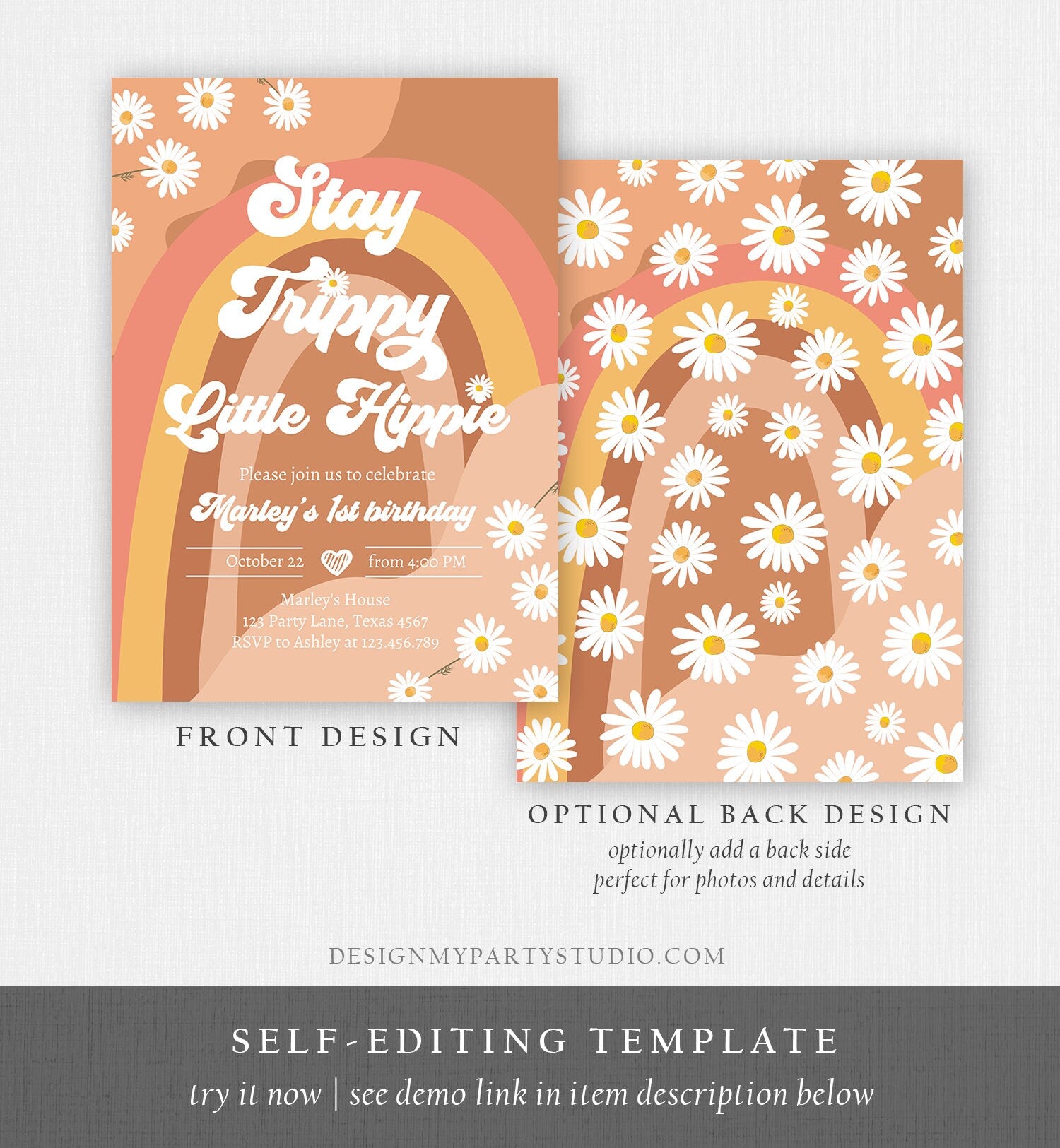 Editable Groovy Retro 1st Birthday Invitation First Birthday Retro Stay Trippy Little HIppie Download Printable Template Corjl Digital 0428