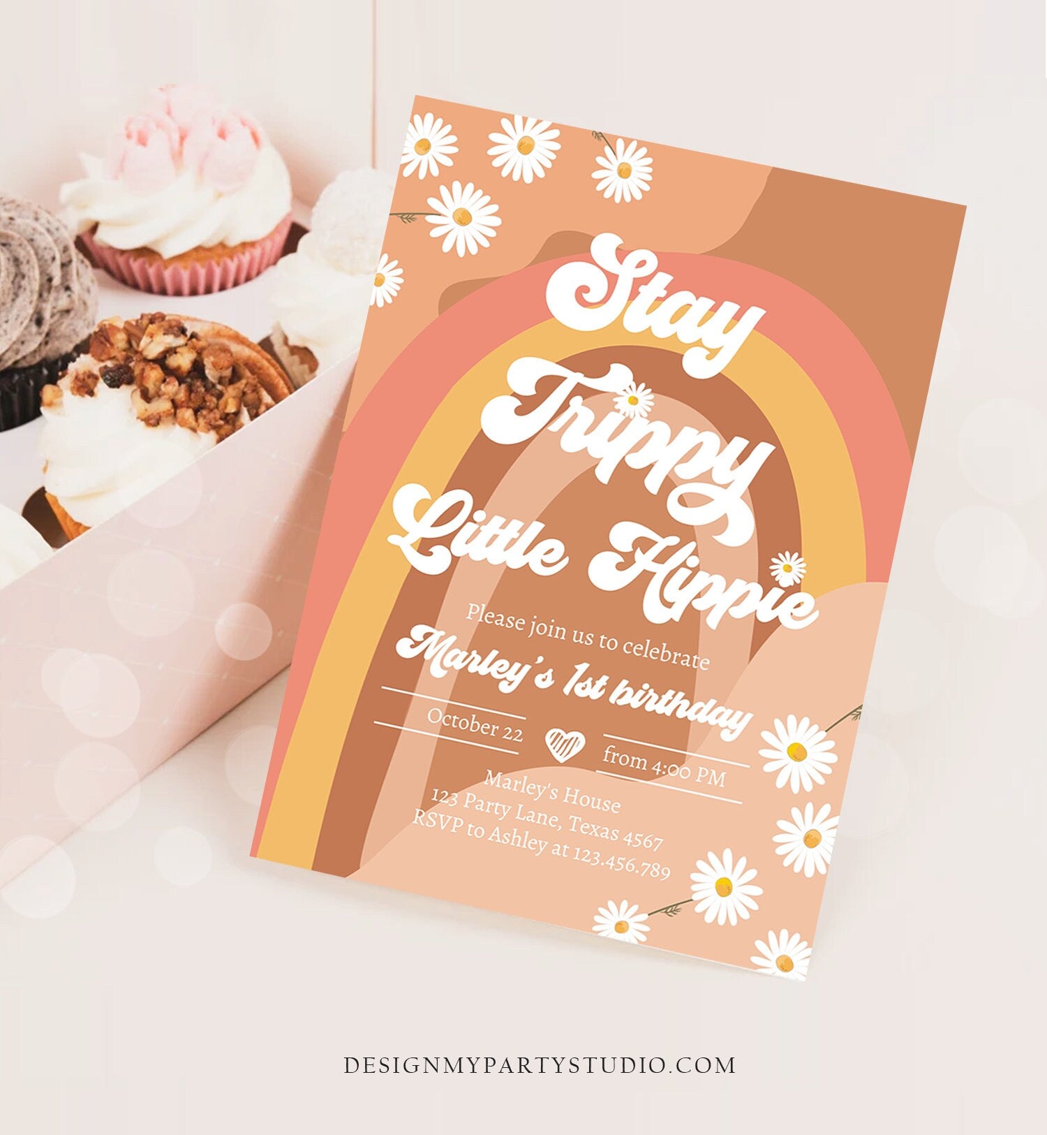 Editable Groovy Retro 1st Birthday Invitation First Birthday Retro Stay Trippy Little HIppie Download Printable Template Corjl Digital 0428