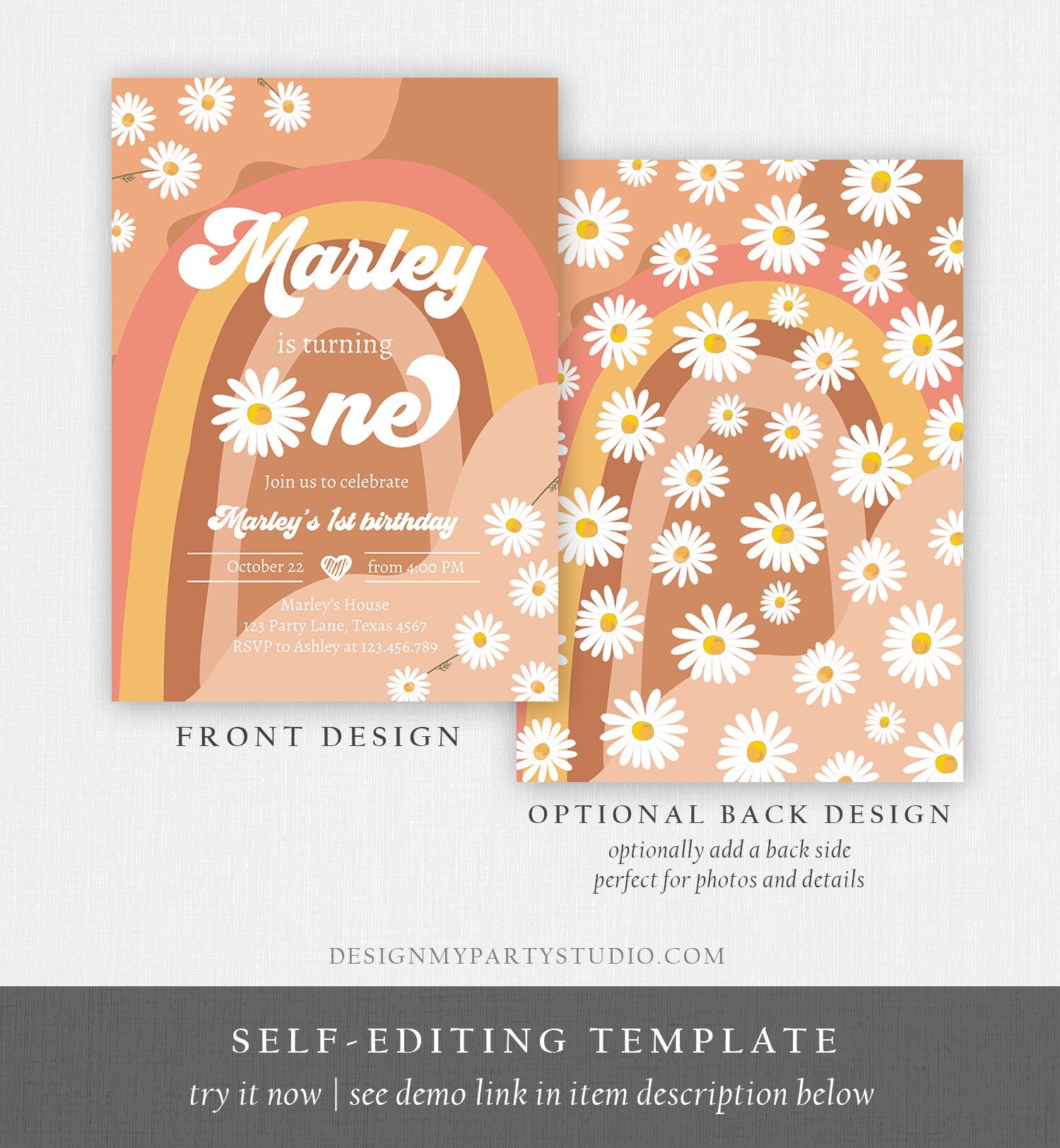 Editable Groovy Retro 1st Birthday Invitation First Birthday Retro Floral 70s Flower Power Festival Download Template Corjl Digital 0428