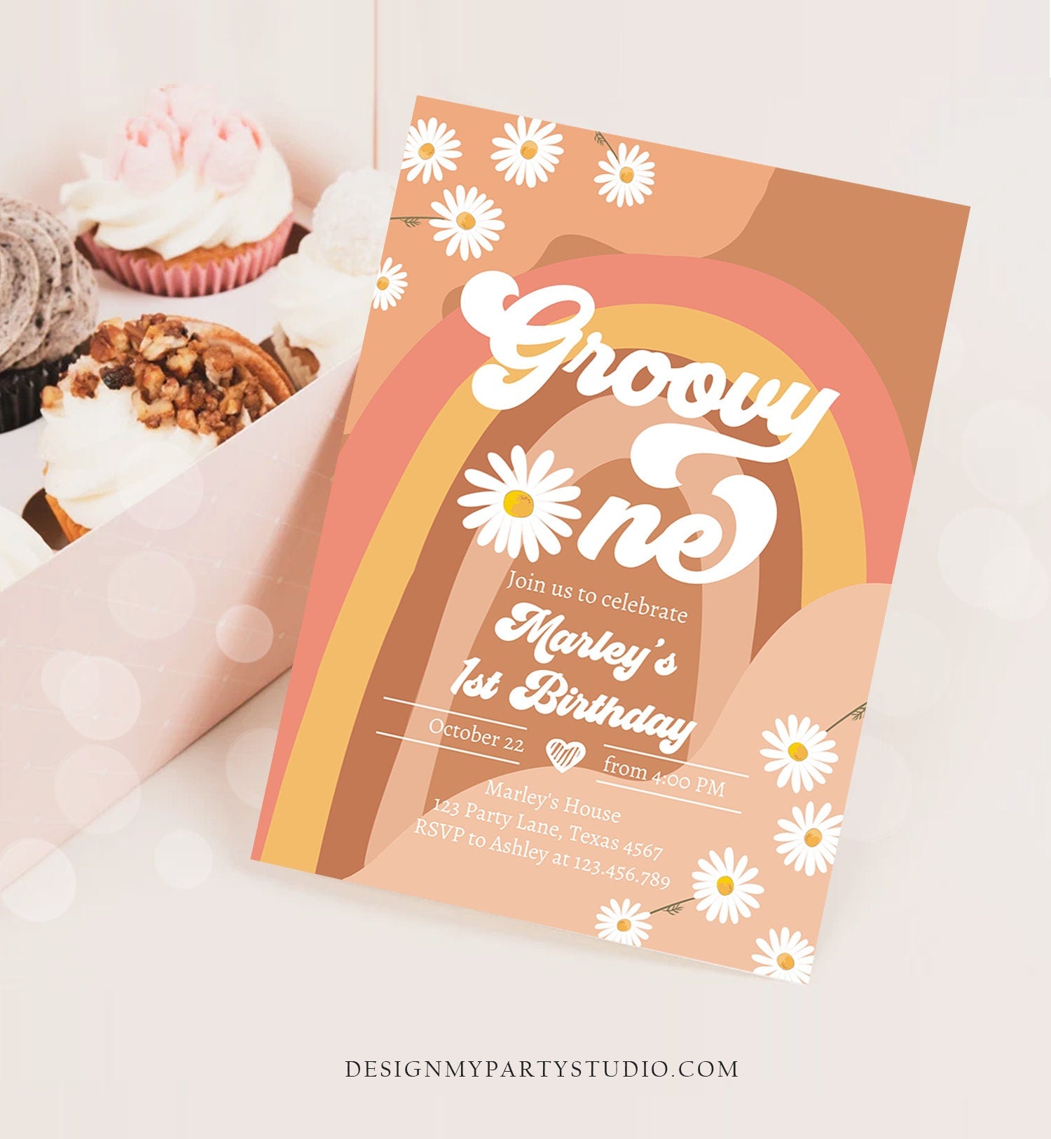 Editable Groovy One Retro 1st Birthday Invitation First Birthday Retro Floral 70s Flower Power Festival Download Template Digital Evite 0428