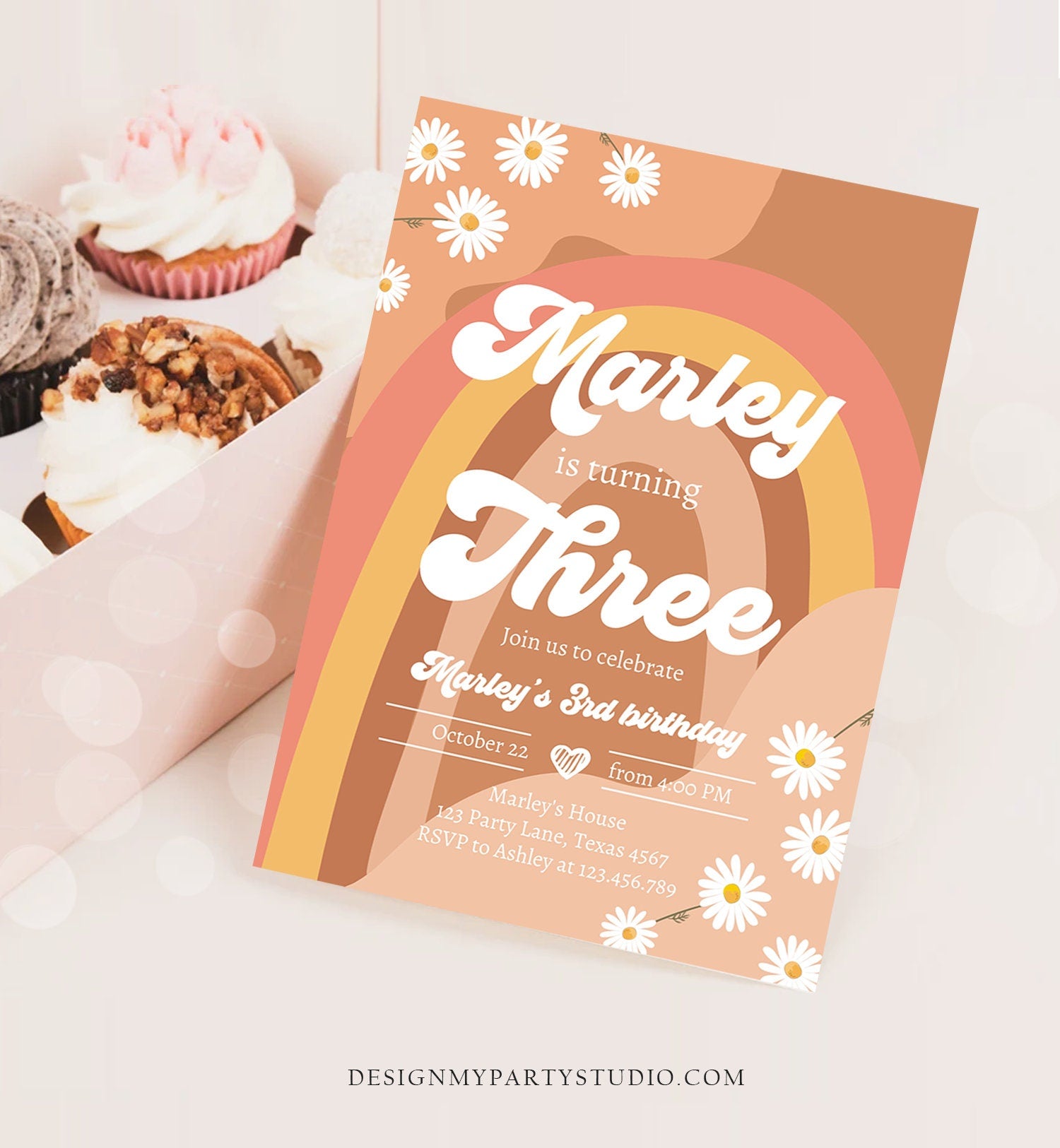 Editable Groovy Retro 3rd Birthday Invitation Three Birthday Retro Floral 70s Flower Power Festival Download Template Corjl Digital 0428