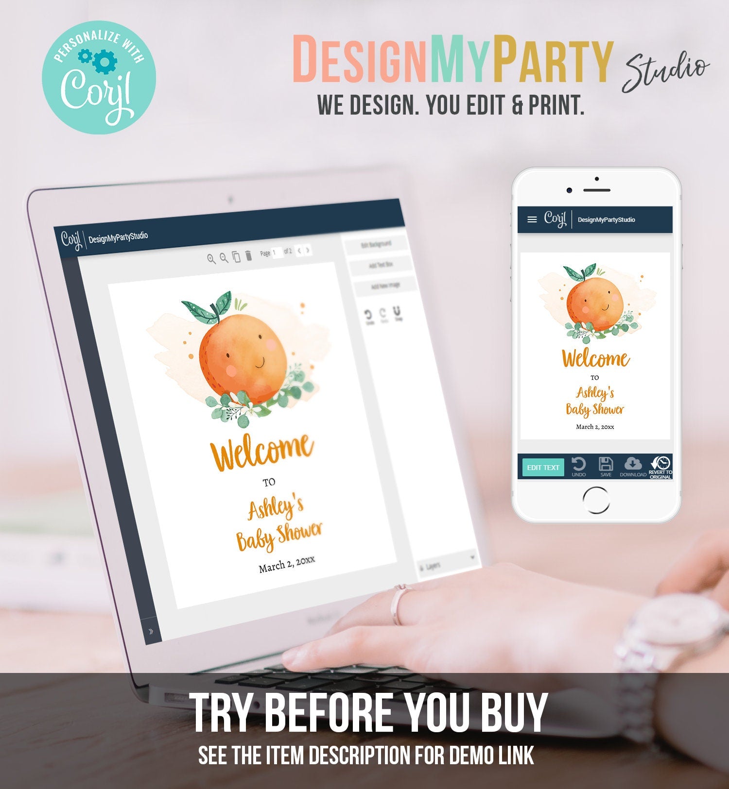 Editable Little Cutie Baby Shower Welcome Sign Cutie on The Way Clementine Orange Shower Gender Neutral Sign Printable Digital Template 0430