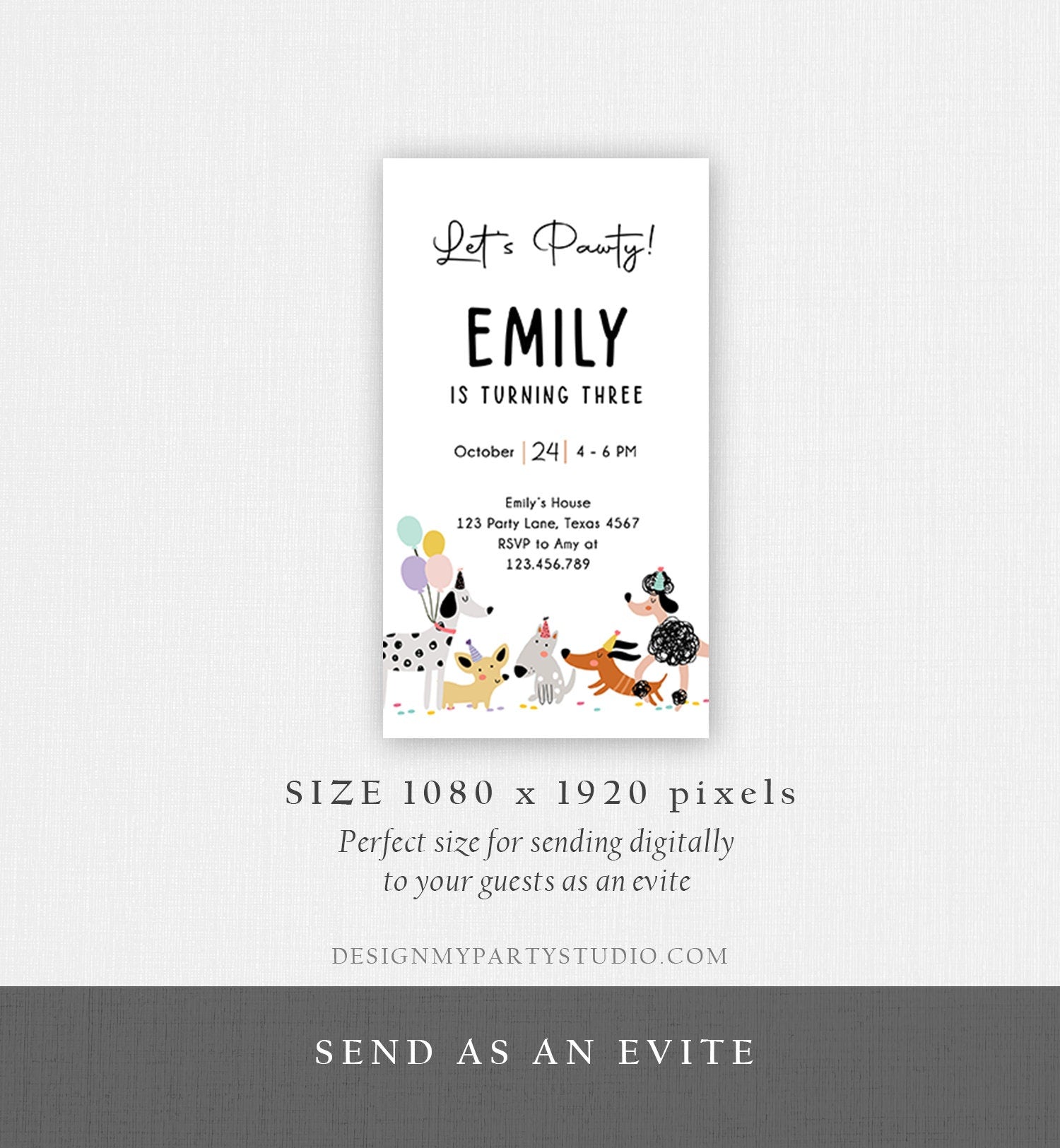 Editable Dog Birthday Party Evite Puppy Birthday Invitation Pink Girl Pawty Birthday Animal Electronic Download Phone Template Corjl 0429