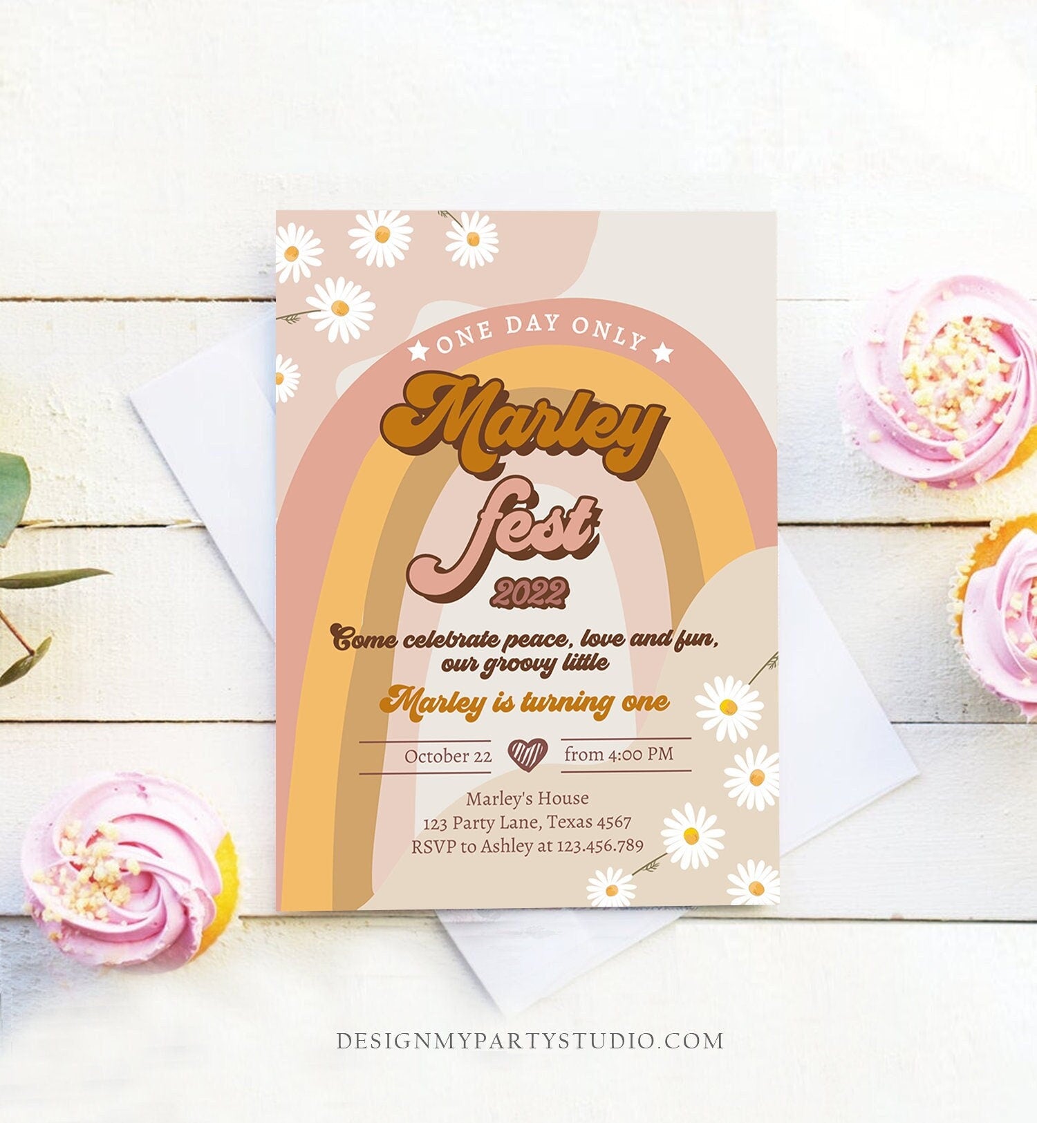 Editable Music Festival Birthday Party Invitation Floral Fest Birthday Seventies Groovy Peace Love Digital Download Template Printable 0428