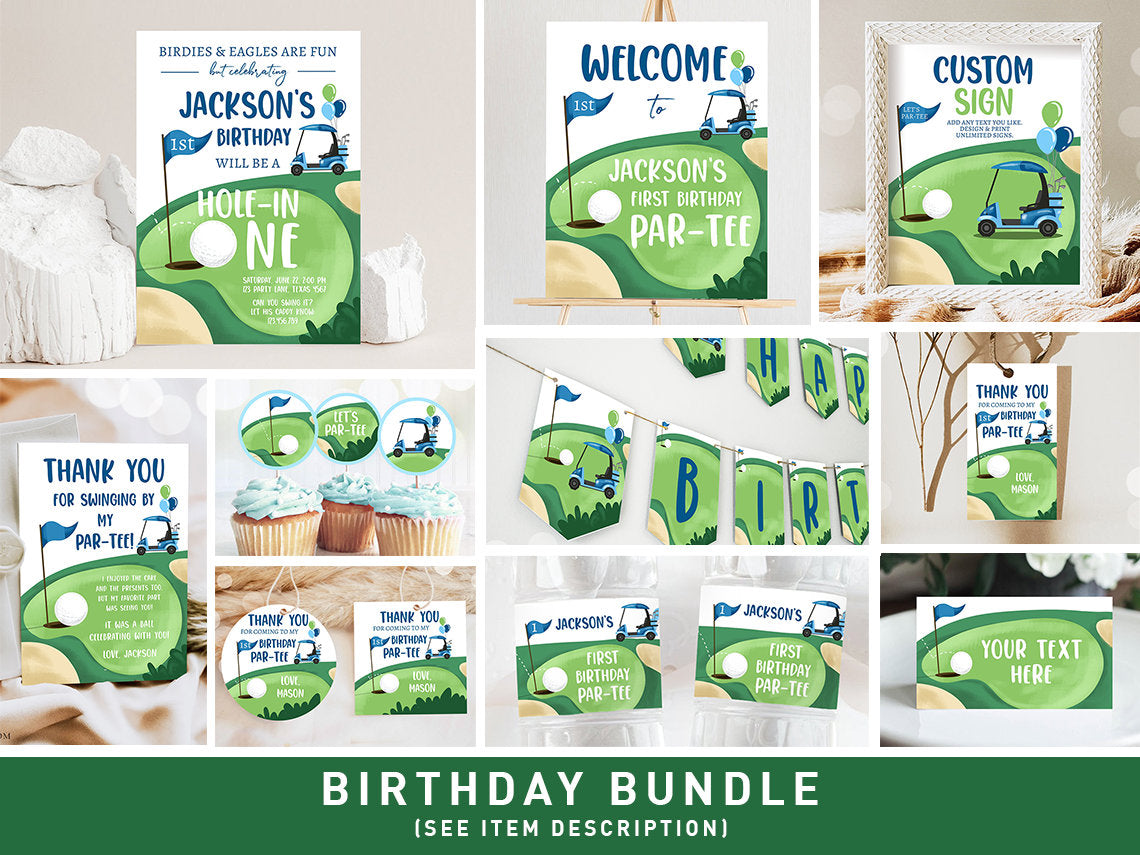 Hole in One Birthday Invitation Bundle Golf First Birthday Par-tee Boy Golfing Party Bundle One Invite Digital Printable Corjl Template 0405