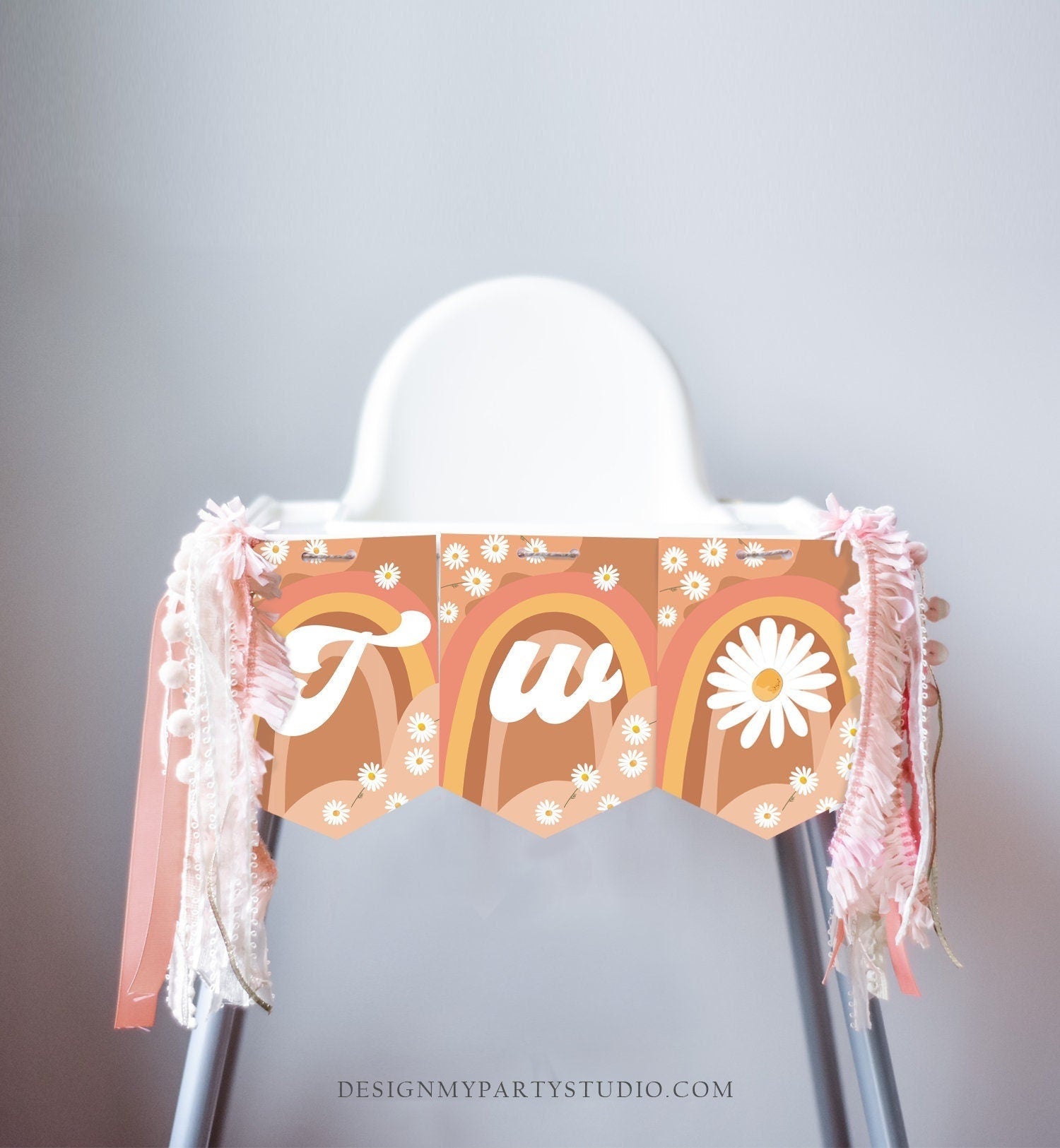 Retro Daisy High Chair Banner Two Groovy Birthday Party 2nd Birthday Festival Second Hippie 70s Two Floral Boho Decor Digital Printable 0428