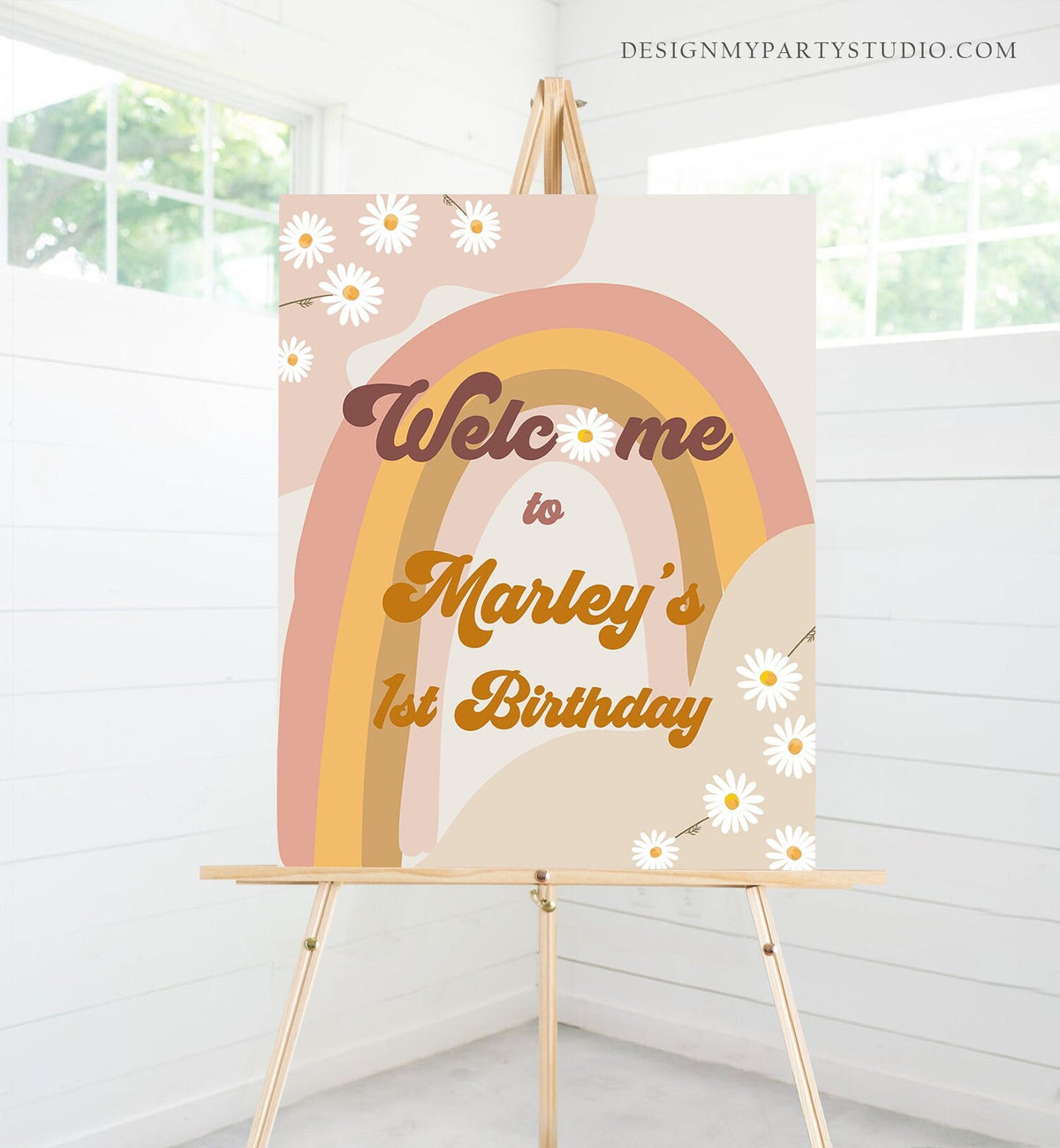 Editable Groovy Birthday Welcome Sign Floral Boho Birthday Welcome Retro 70&#39;s Peace Love Seventies Download Template Corjl PRINTABLE 0428