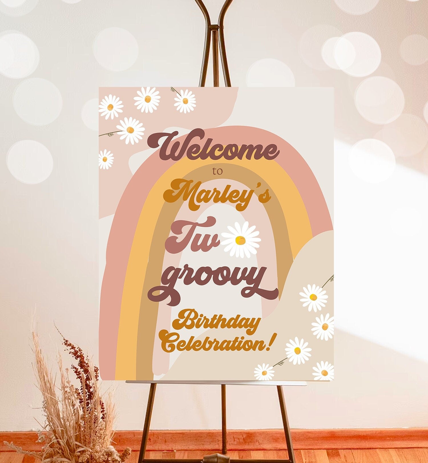 Editable Two Groovy Birthday Welcome Sign Floral Boho 2nd Birthday Welcome Sign Retro 70's Hippie Festival Template Corjl PRINTABLE 0428