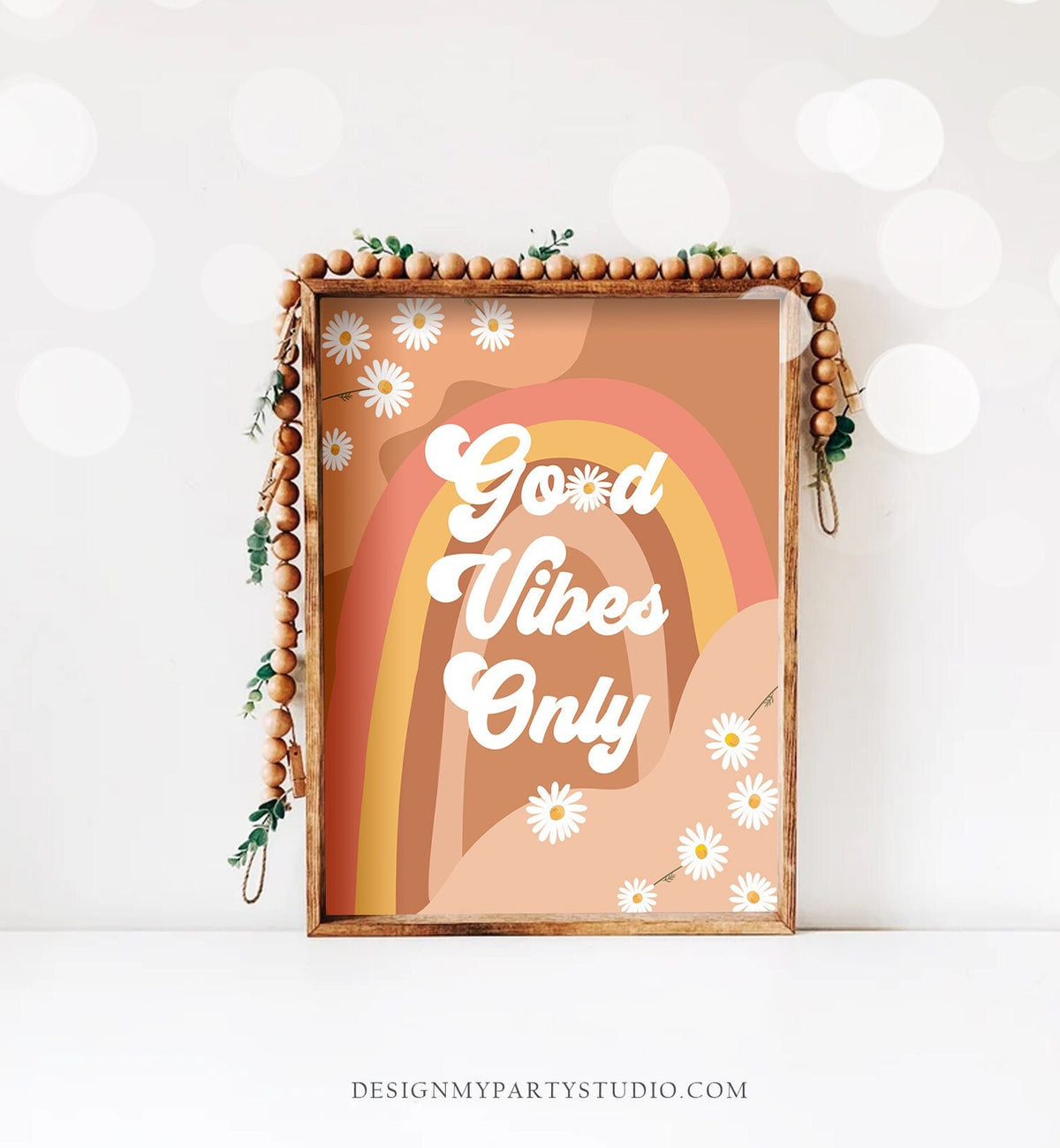 Good Vibes Only Sign Retro Daisy Birthday Sign Groovy Floral 70&#39;s Birthday Party Decor Boho Flower Power Instant Download Printable 0428