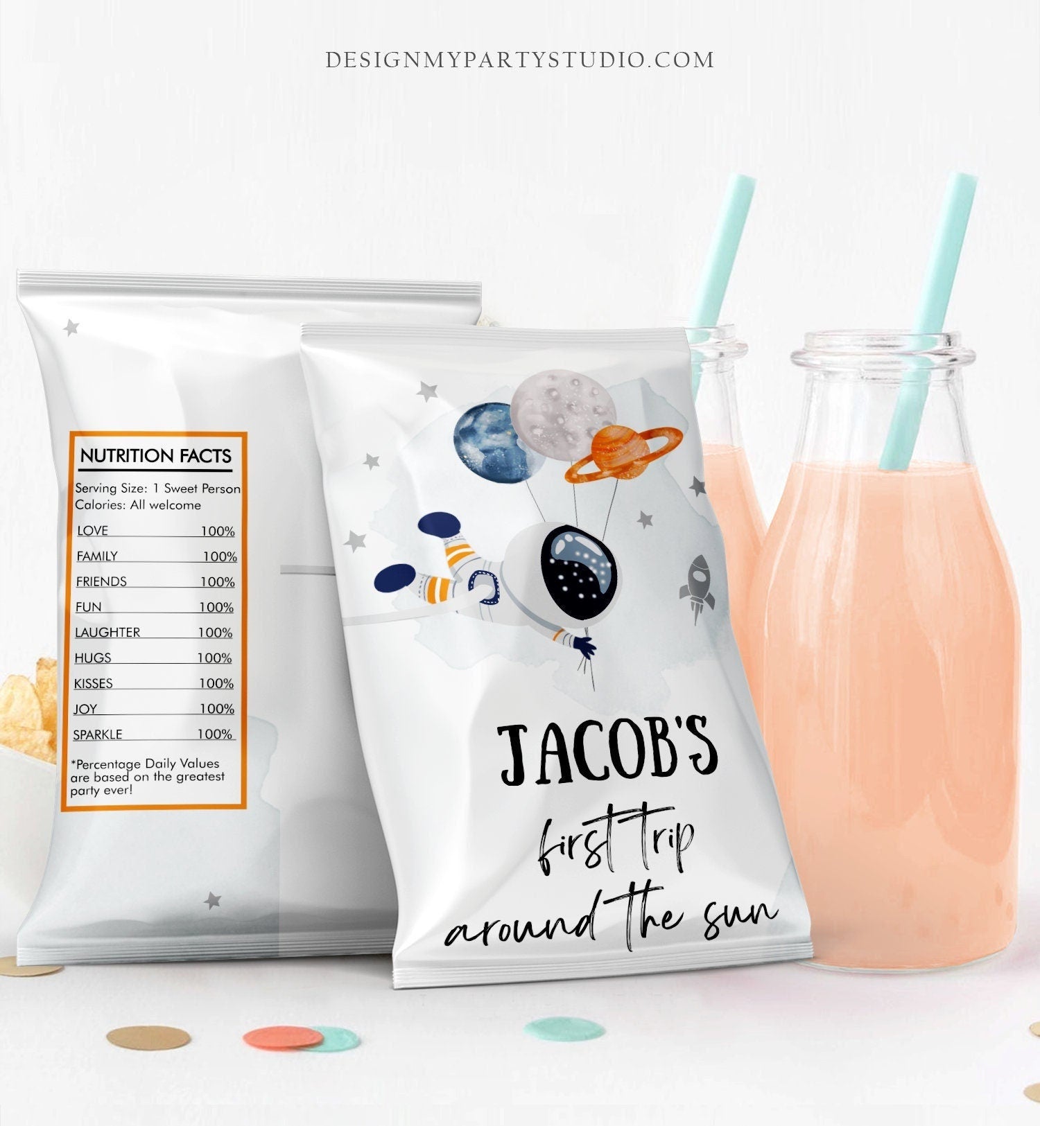 Editable Outer Space Astronaut Chip Bag First Trip Around the Sun 1st Birthday Party Decor Boy Galaxy Favors Digital Template Printable 0366