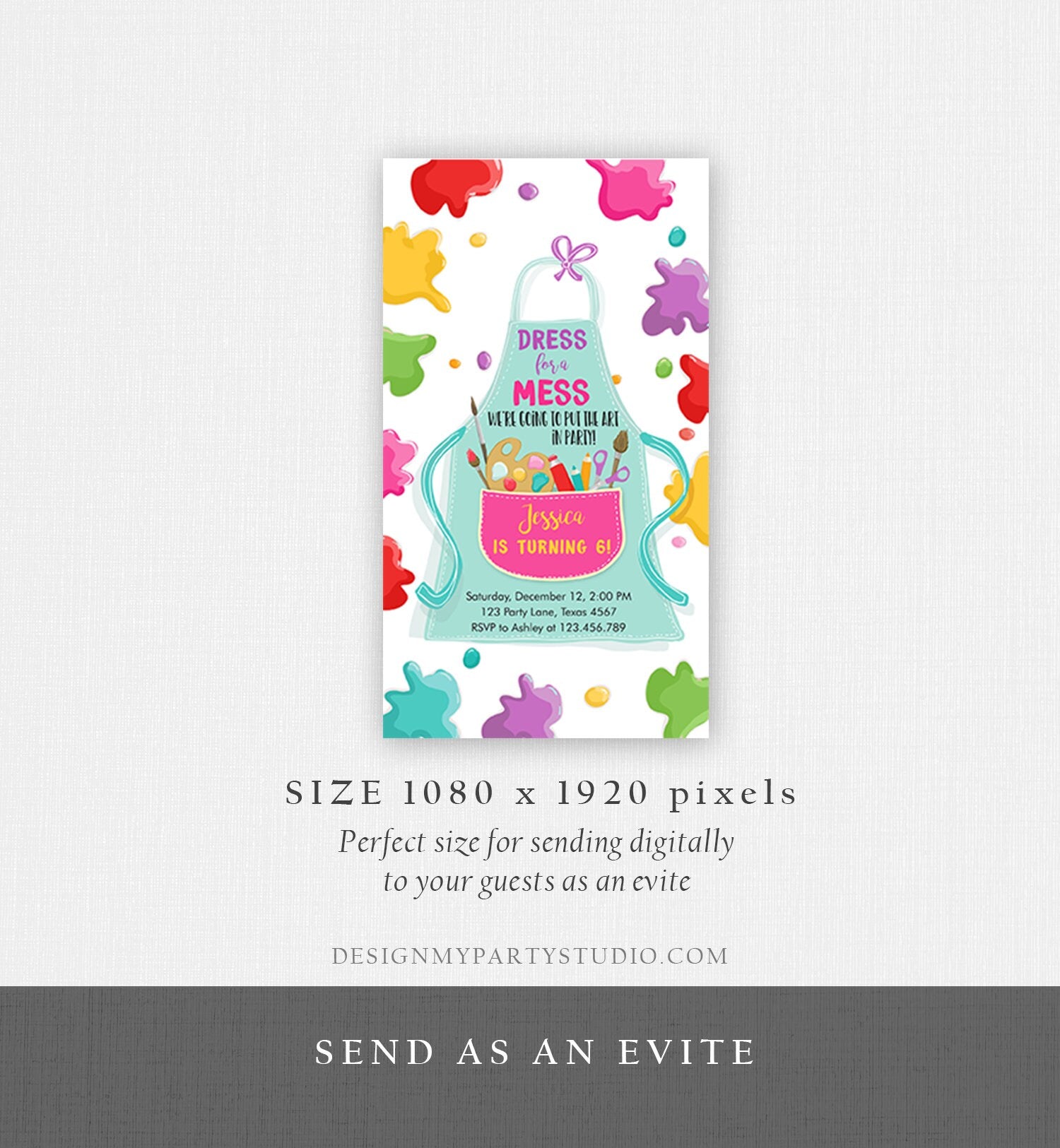 Editable Painting Party Evite Art Party Birthday Invitation Girl Paint Craft Party Download Phone Electronic Template Digital Corjl 0319