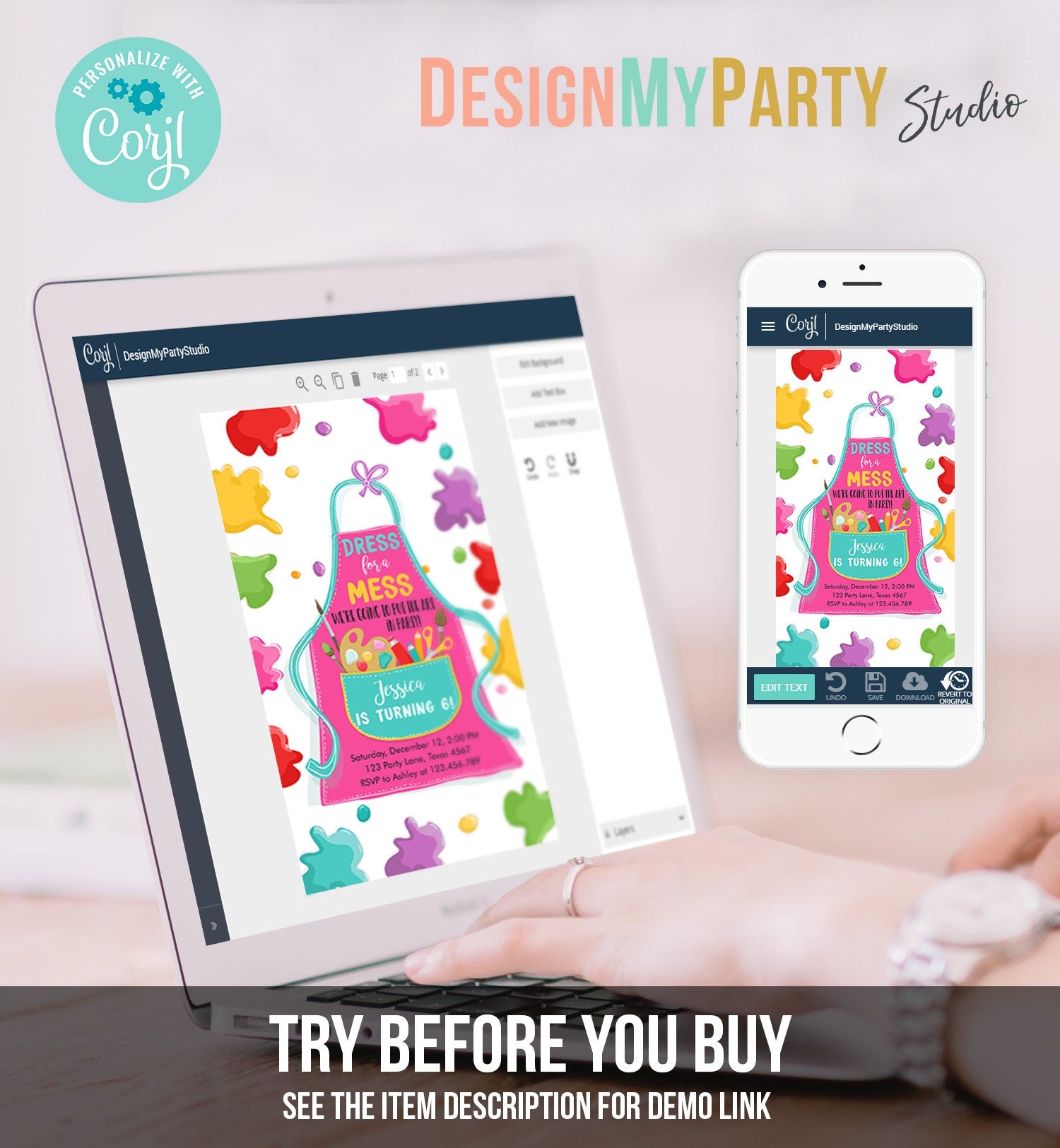 Editable Painting Party Evite Art Party Birthday Invitation Girl Paint Craft Party Digital Download Phone Electronic Evite Template 0319