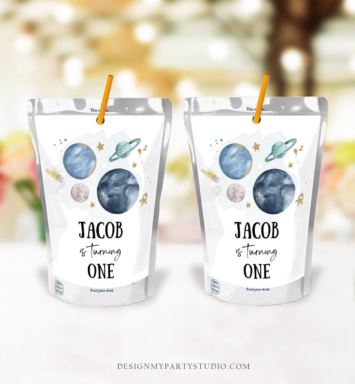 Editable Outer Space Juice Pouch Label Juice Favors Planets Astronaut Rocket Boy Birthday Blue Digital Download Template Printable 0357