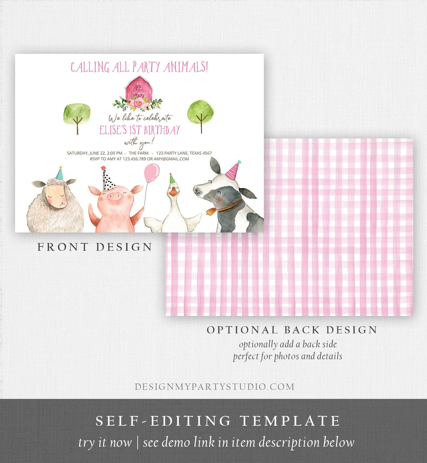 Editable Farm Birthday Invitation Girl Farm Animals Pink Barnyard Birthday Party Animals Printable Invitation Template Digital Corjl 0155