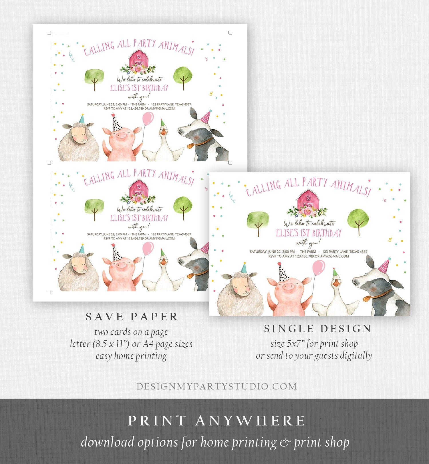 Editable Farm Animals Birthday Invitation Girl Farm Pink Barnyard Birthday Party Animals Confetti Template Digital Corjl Printable 0155