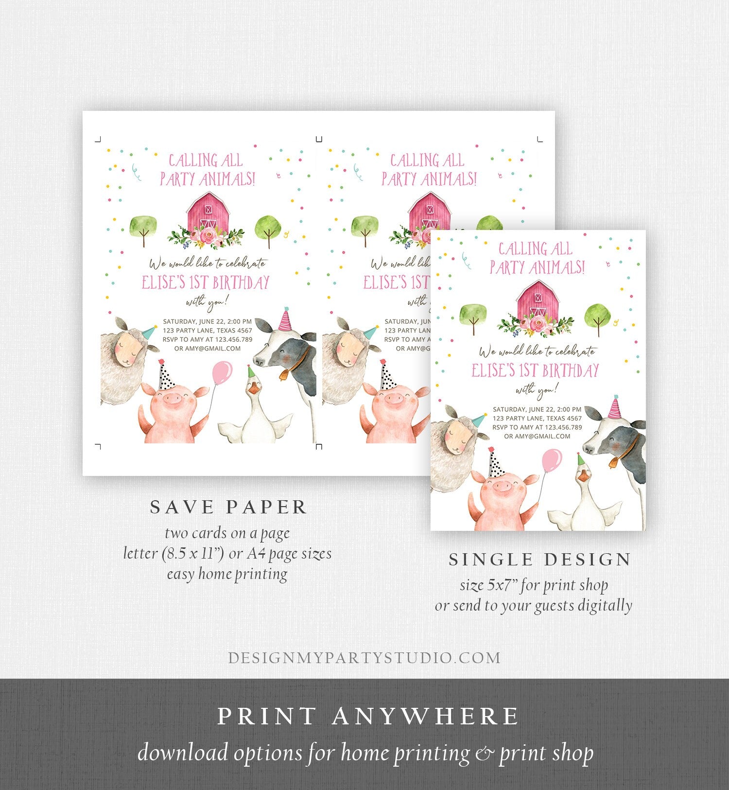 Editable Farm Animals Birthday Invitation Girl Farm Barnyard First Birthday Party Animals Confetti Download Corjl Template Printable 0155