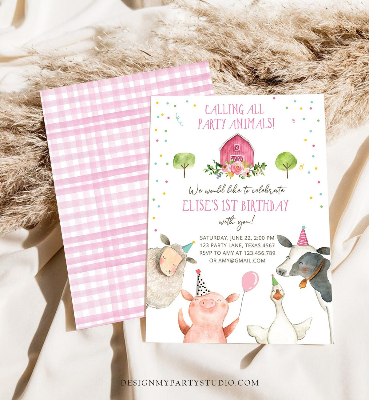 Editable Farm Animals Birthday Invitation Girl Farm Barnyard First Birthday Party Animals Confetti Download Corjl Template Printable 0155