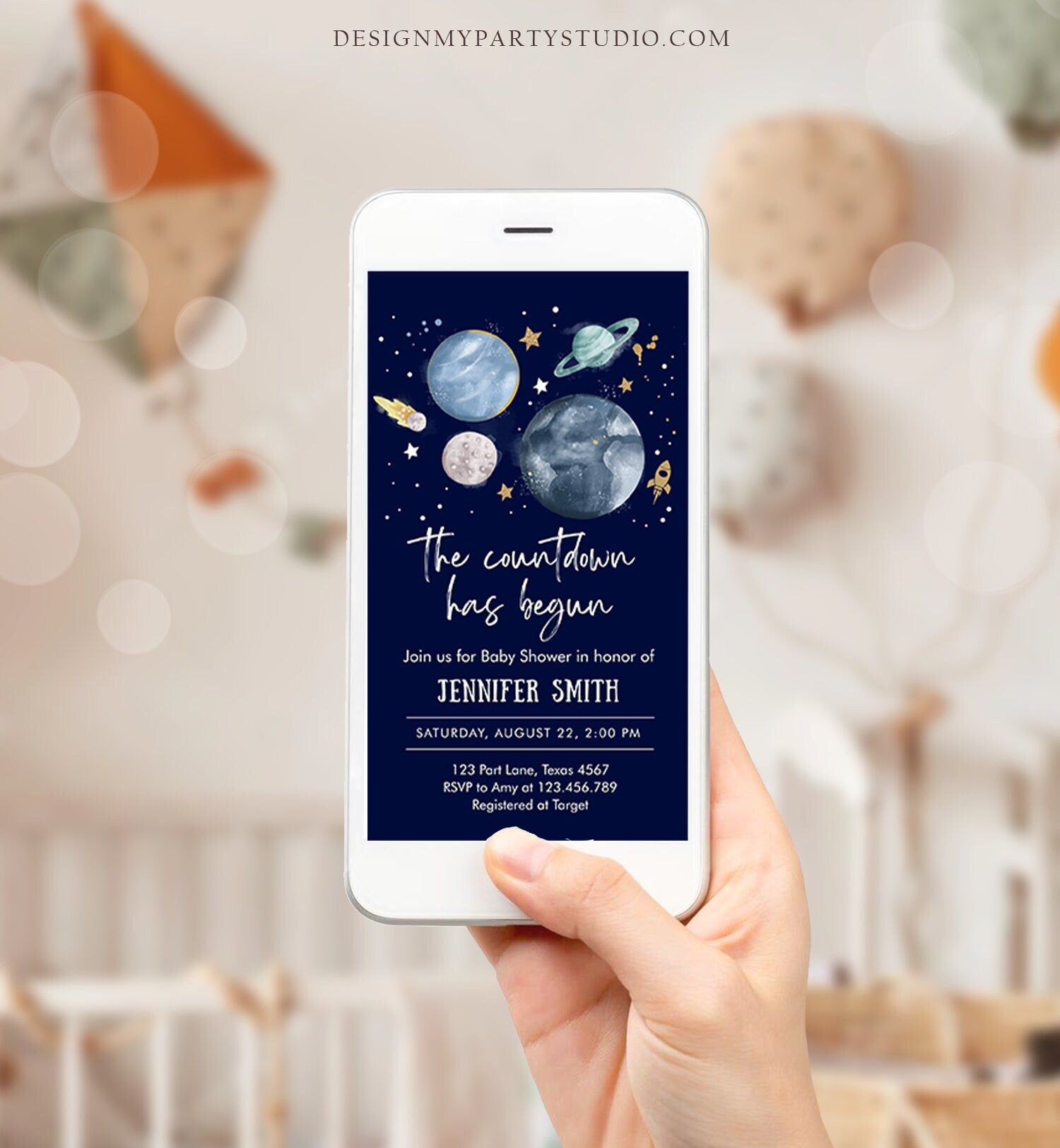 Editable Space Baby Shower Evite Galaxy Outer Space Planets Moon Countdown Electronic Invite Template Digital Instant Download Corjl 0357