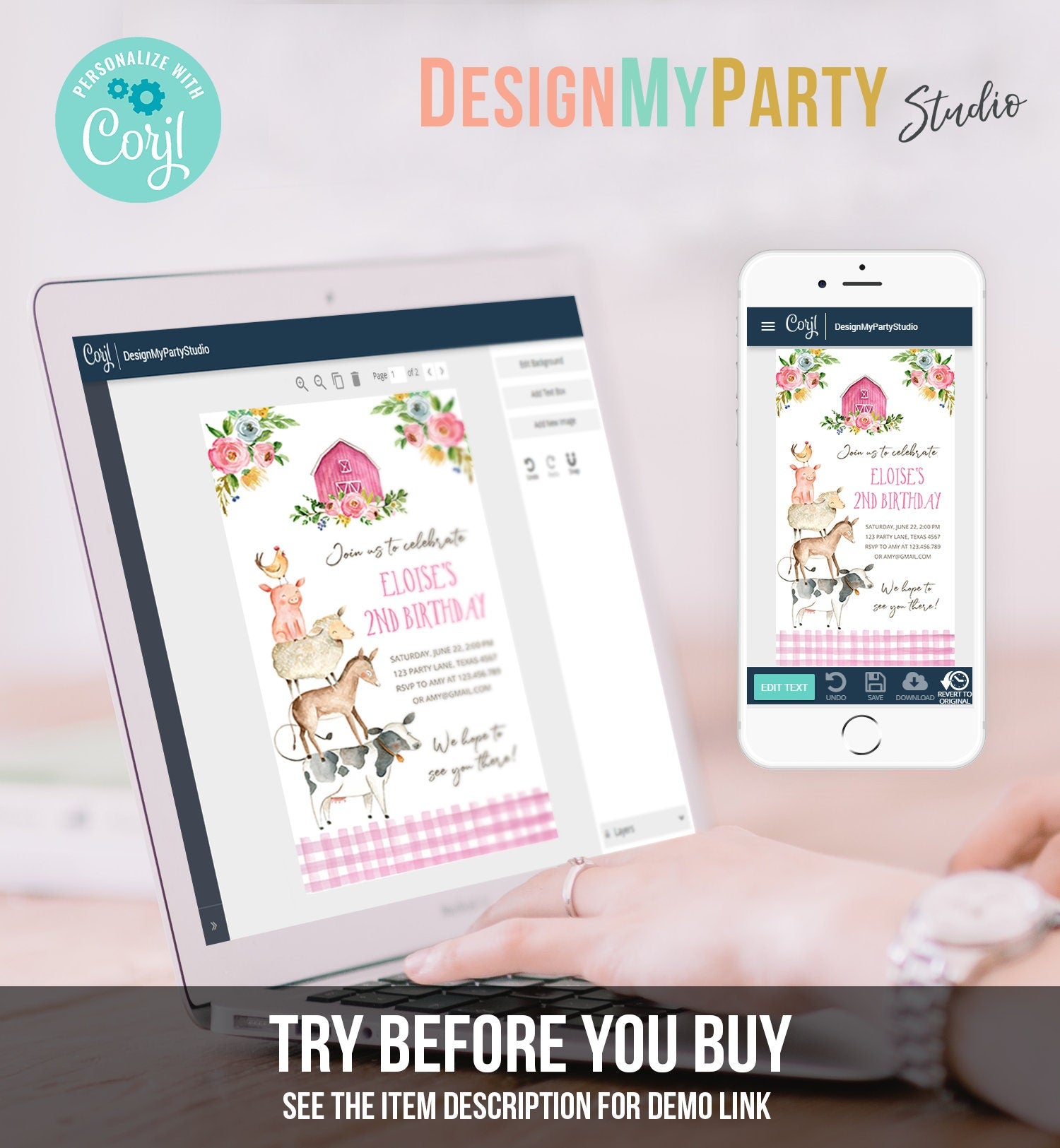 Editable Farm Birthday Evite Girl Farm Animals Pink Floral Barnyard Party Invitation Download Phone Invitation Template Digital Corjl 0155